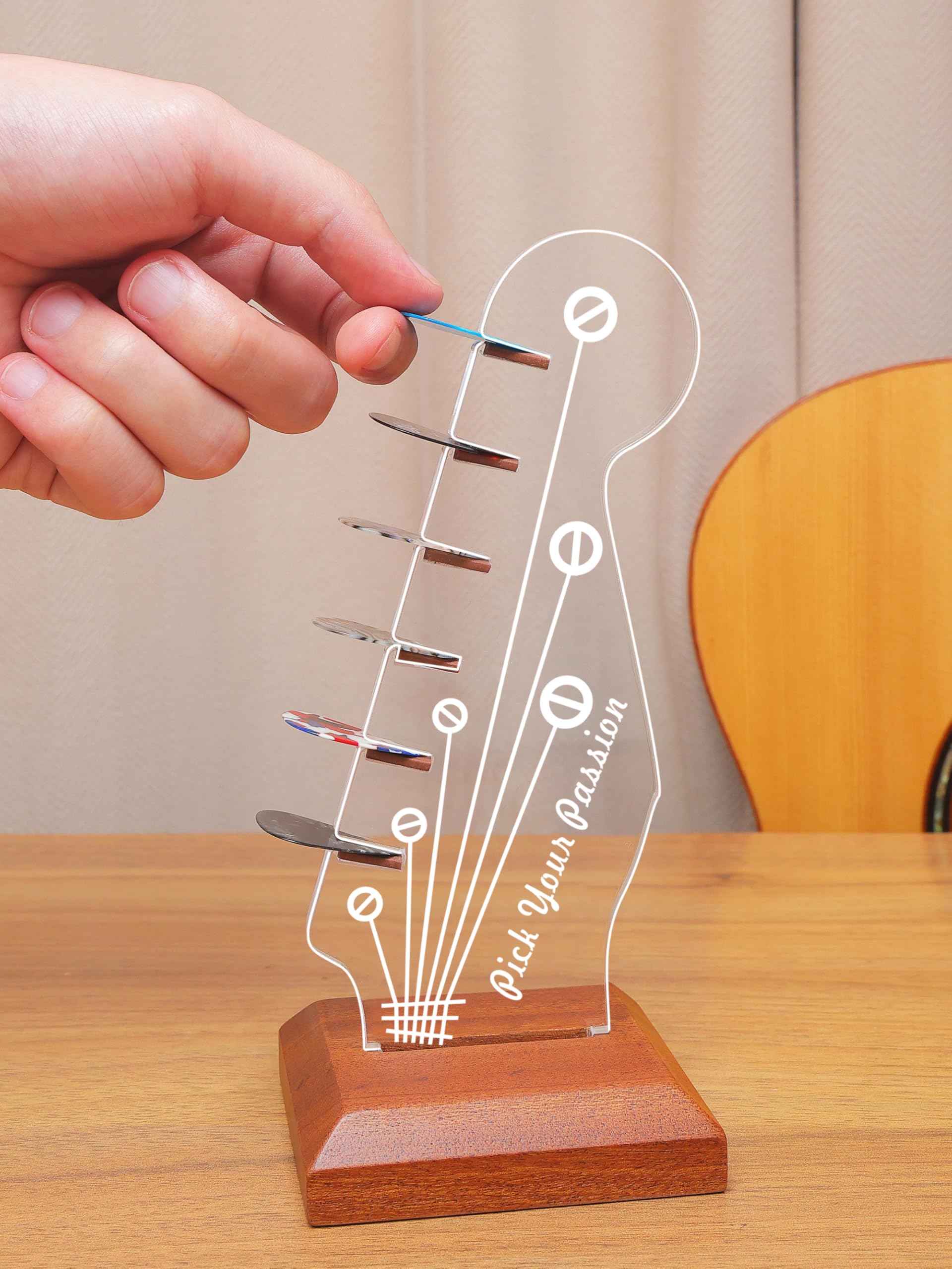 Coolgift Mart Light Up Guitar Pick Holder, Acrylic Electric Guitar Headstock Shaped Pick Holder With Wooden Base For Picks Stora