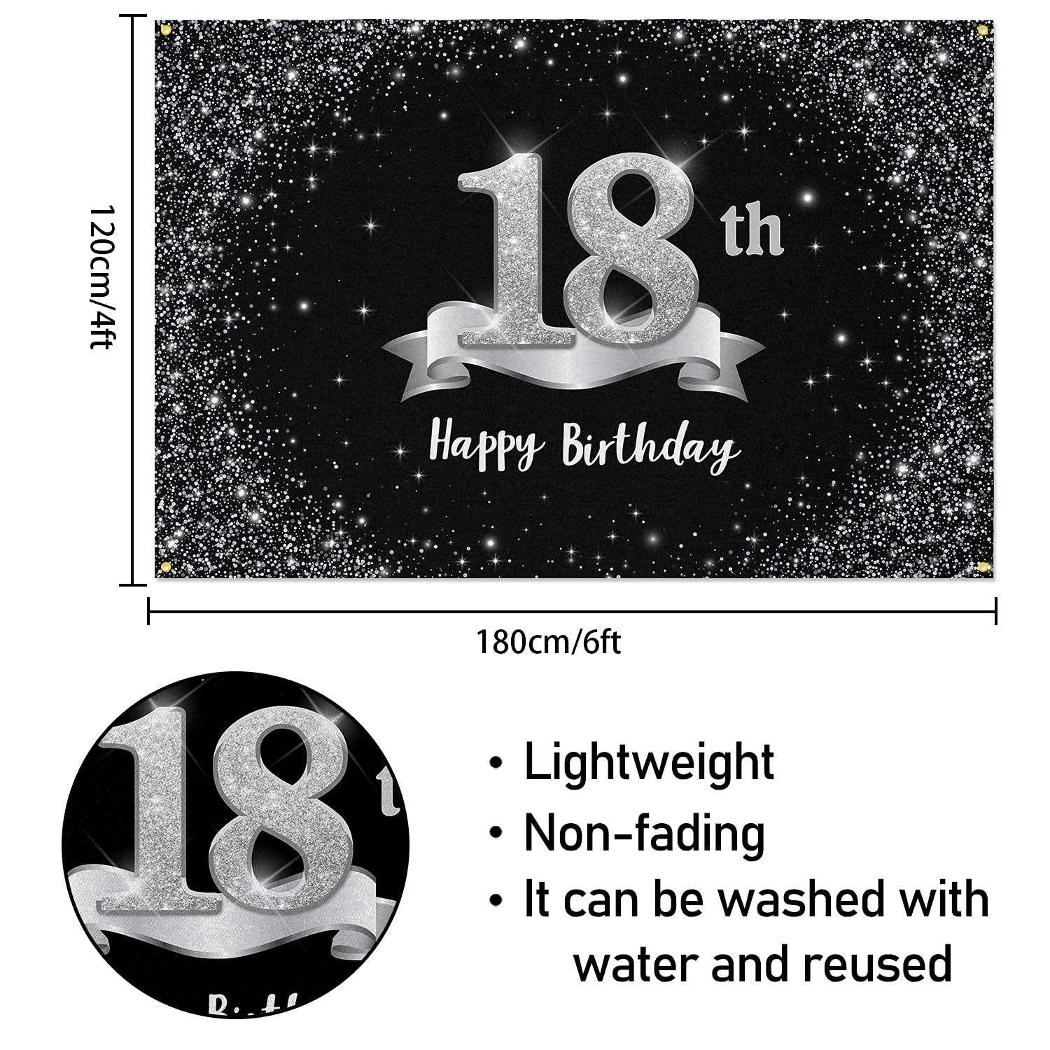 Hamigar 6X4Ft Happy 18Th Birthday Banner Backdrop   18 Years Old Birthday Decorations Party Supplies For Girls Boys   Black Silv