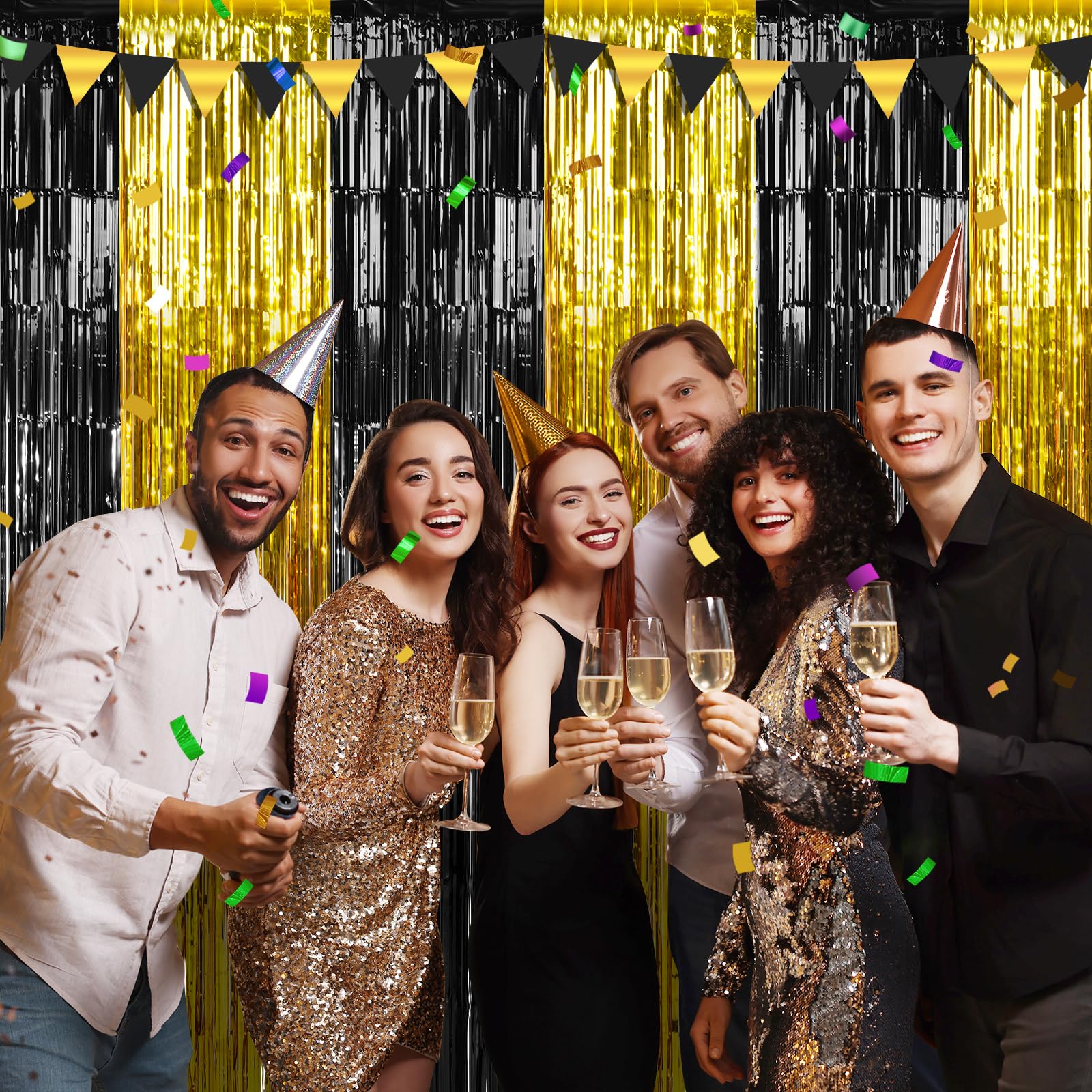 6Pack 3.3Ft X 6.6Ft Graduation Foil Fringe Curtain Backdrop Decorations, Black Gold Metallic Tinsel Foil Streamers Curtain Photo