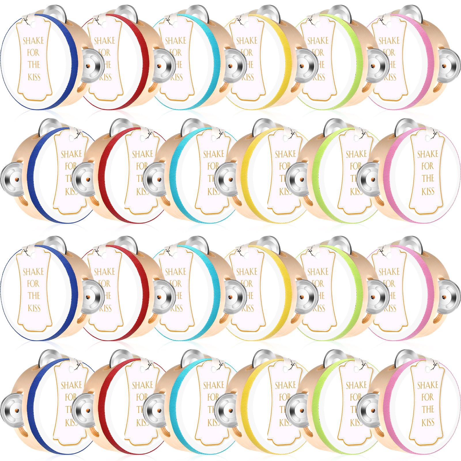 Lukmaa 24 Set 4 Inch Tambourine for Adults Wooden Hand Held Drum with Metal Jingles, Gift Tags, White I Love You Printed Ribbon 