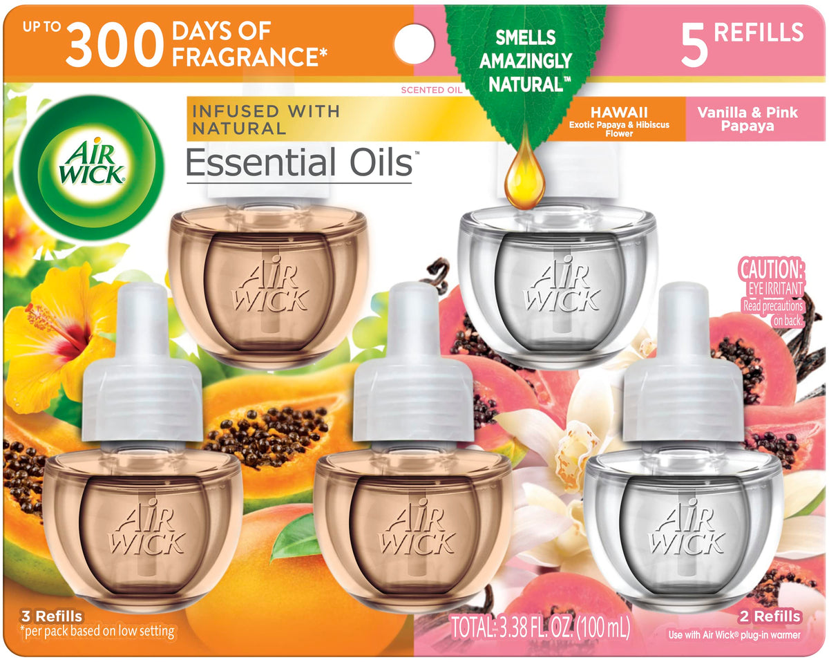 Air Wick Plug In Scented Oil Refill, 5 Ct, Hawaii And Vanilla & Pink Papaya, Air Freshener, Essential Oils