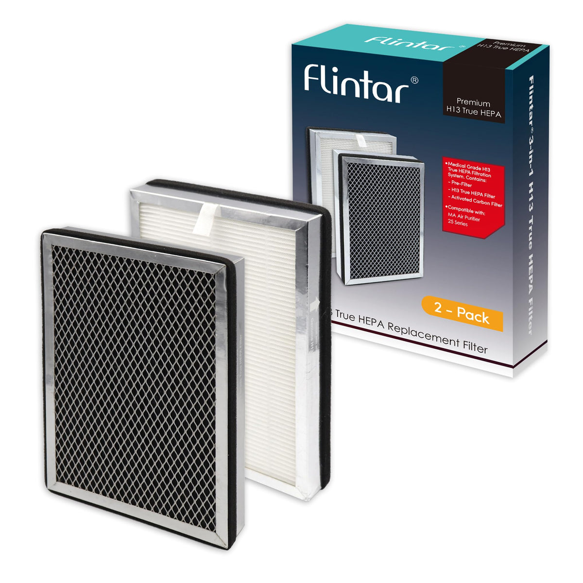 Flintar True Hepa Replacement Filter, Compatible With Ma 25 Air Purifier, 3 In 1 Pre Filter, H13 True Hepa And Activated Carbon