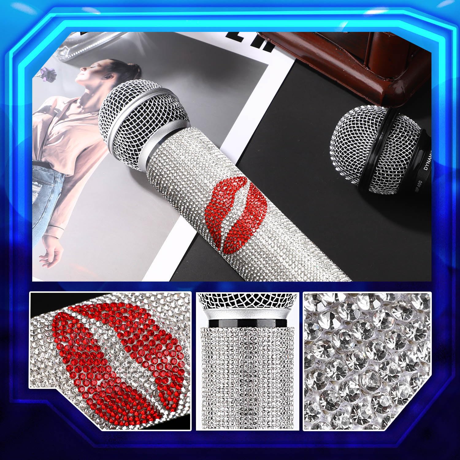 Facmogu Silver Rhinestones Microphone Cover   Red Lips Glitter Decor Sleeve For Universal Mics, Sparkly Bedazzled Cordless Handh