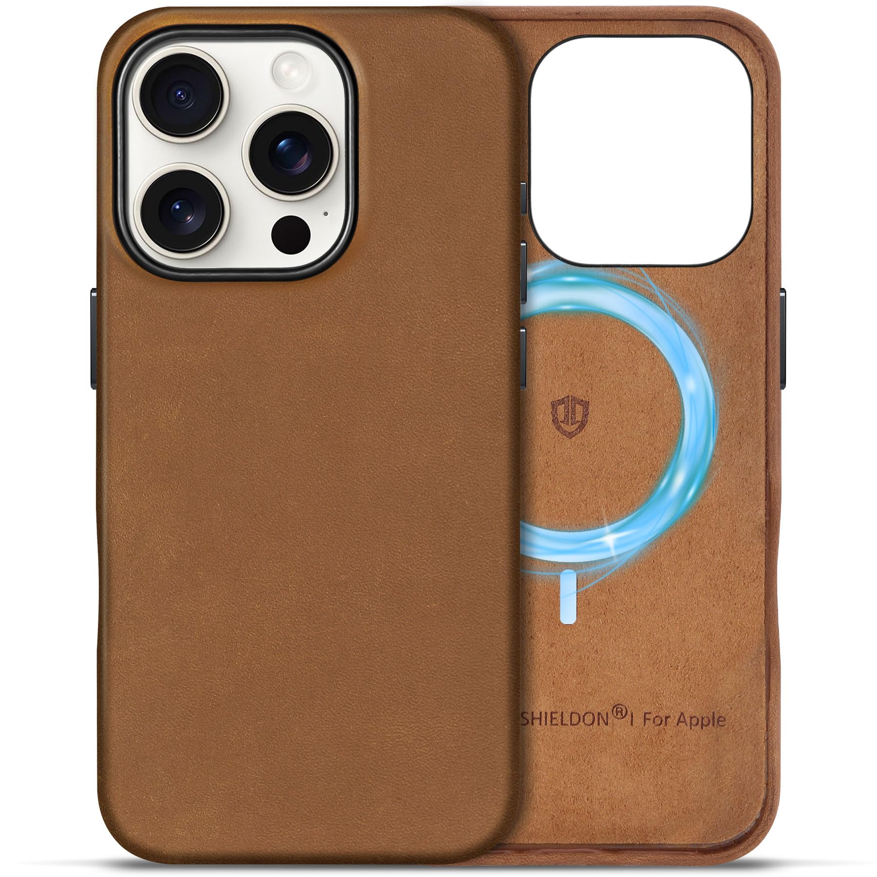 Shieldon Leather Case For Iphone 16 Pro 6.3'', Top Grain Crazy Horse Leather Magnetic Wireless Charging Non-Slip Shock-Absorbent