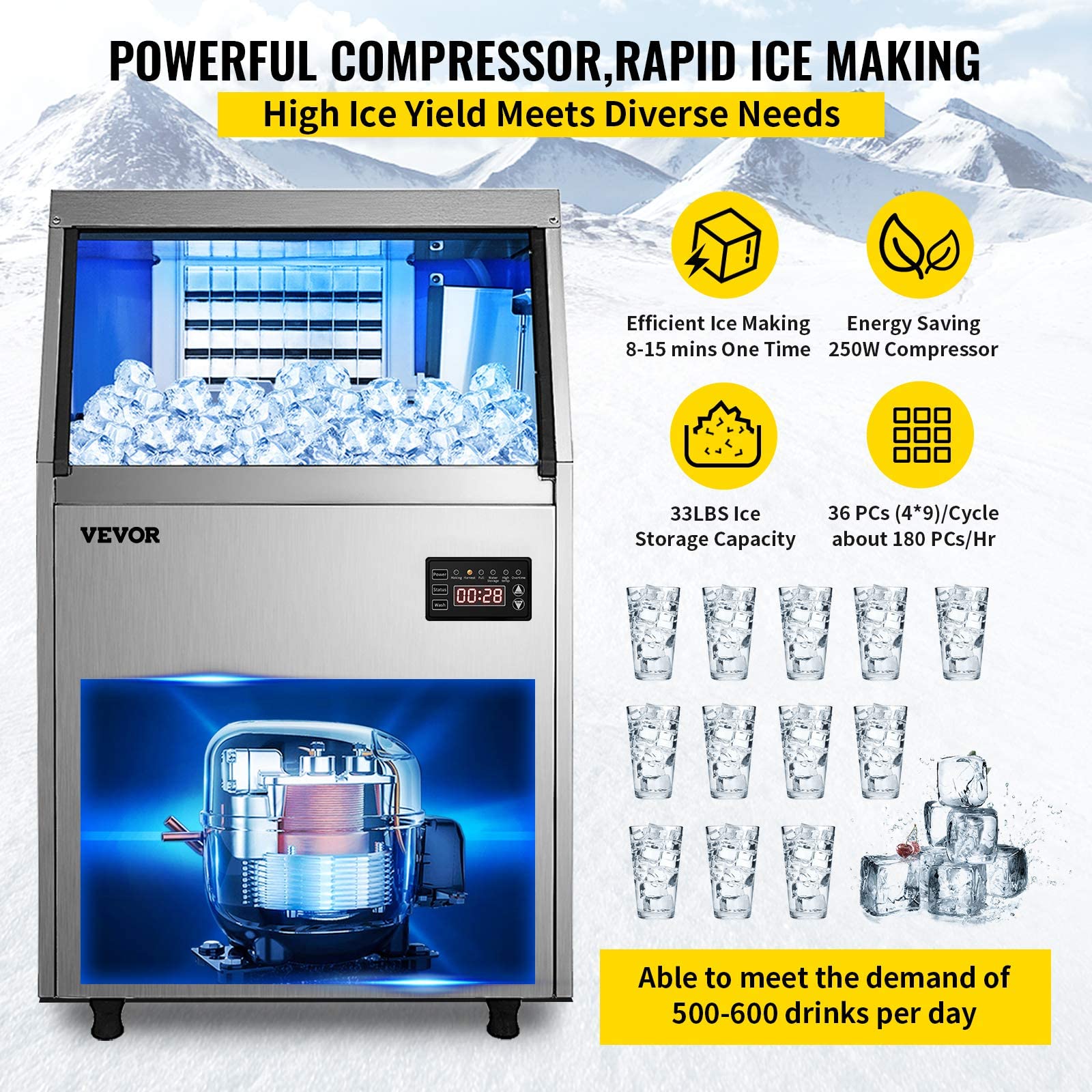 Vevor Commercial Ice Maker Machine, 90 100Lbs/24H With 33Lbs Bin Stainless Steel Automatic Operation Commercial Ice Machine For