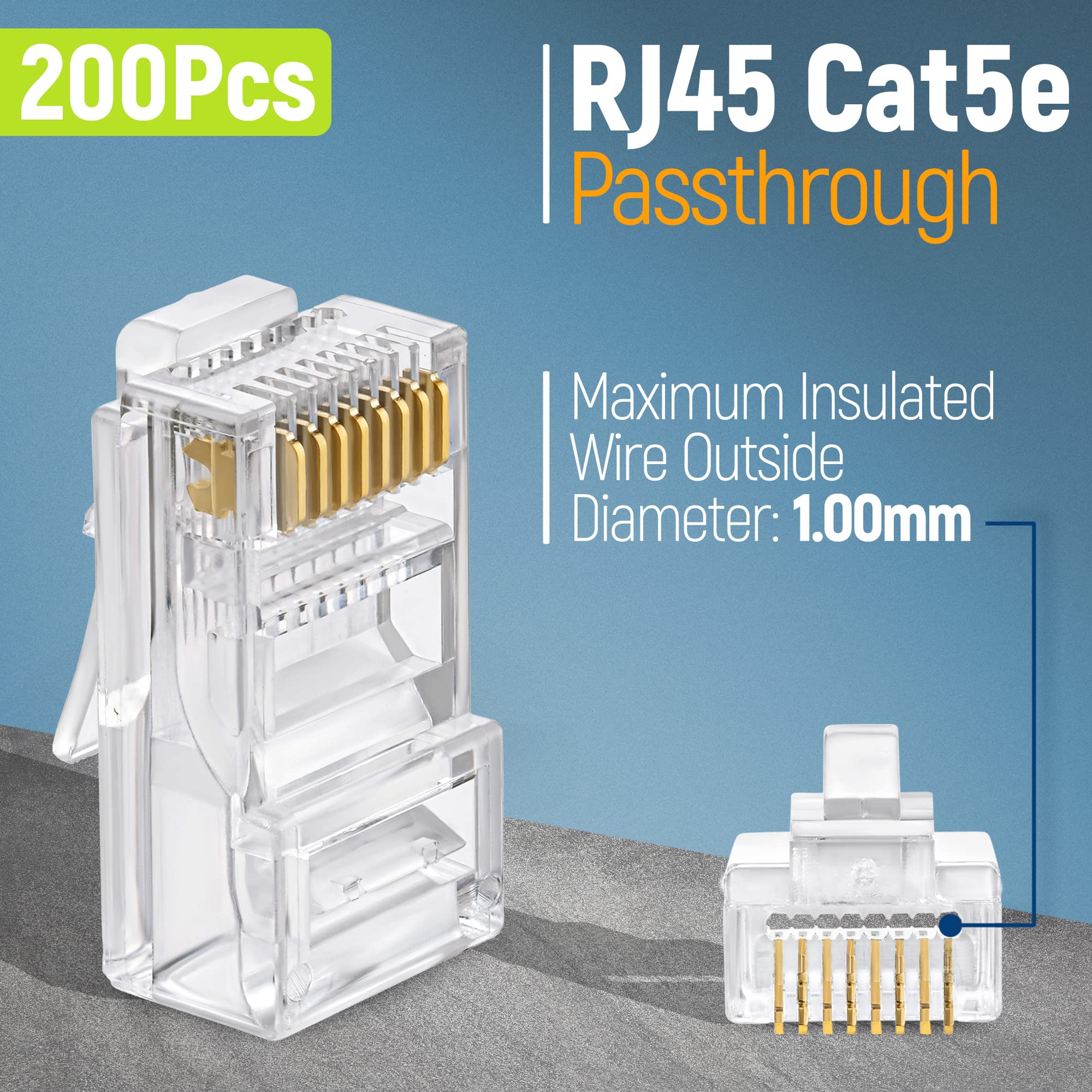 Everest Media Solutions Rj45 Cat5E Pass Through Connectors   Pack Of 200   Ez To Crimp Modular Plug For Solid Or Stranded Utp Ne