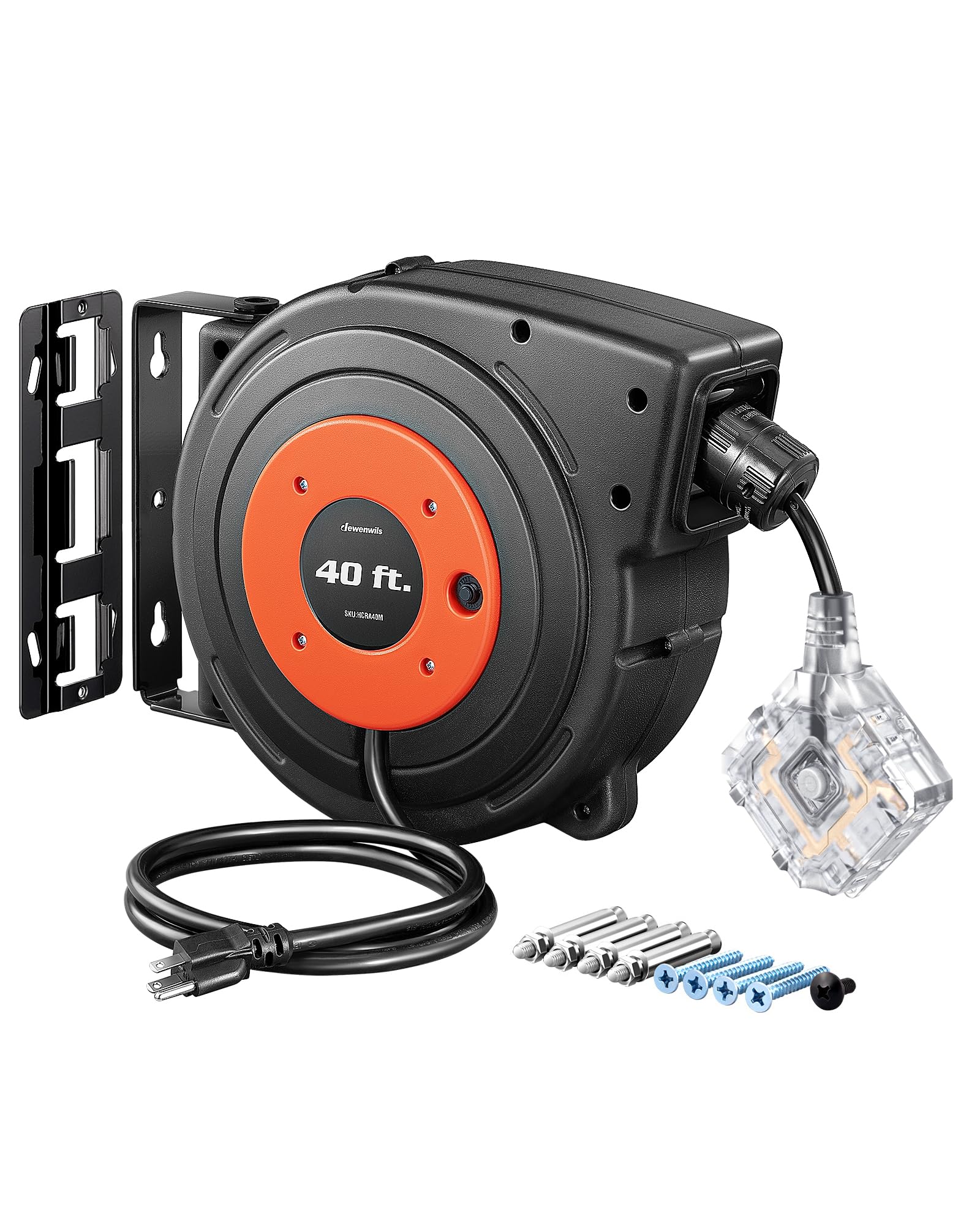 Dewenwils 40 Ft Retractable Extension Cord Reel, 12/3C Sjtow Heavy Duty Power Cord, Twist Lock Stopper, 6 Grounded Outlets, 15A