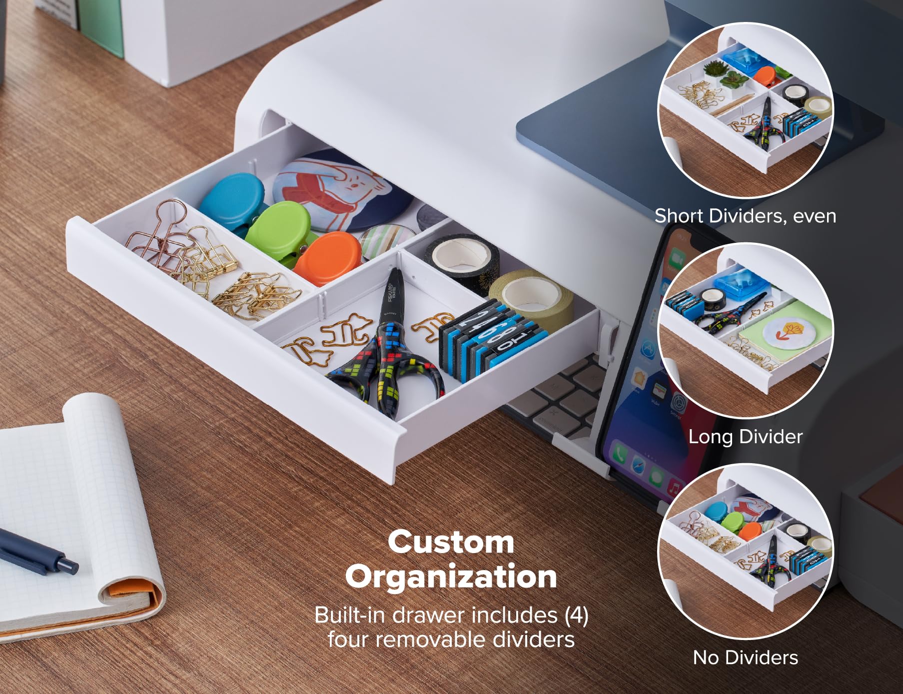 Bostitch Konnect Adjustable Monitor Riser With Drawer, Cell Phone Stand & Pencil Holder, Laptop Stand For Desk, 4 Height Levels,