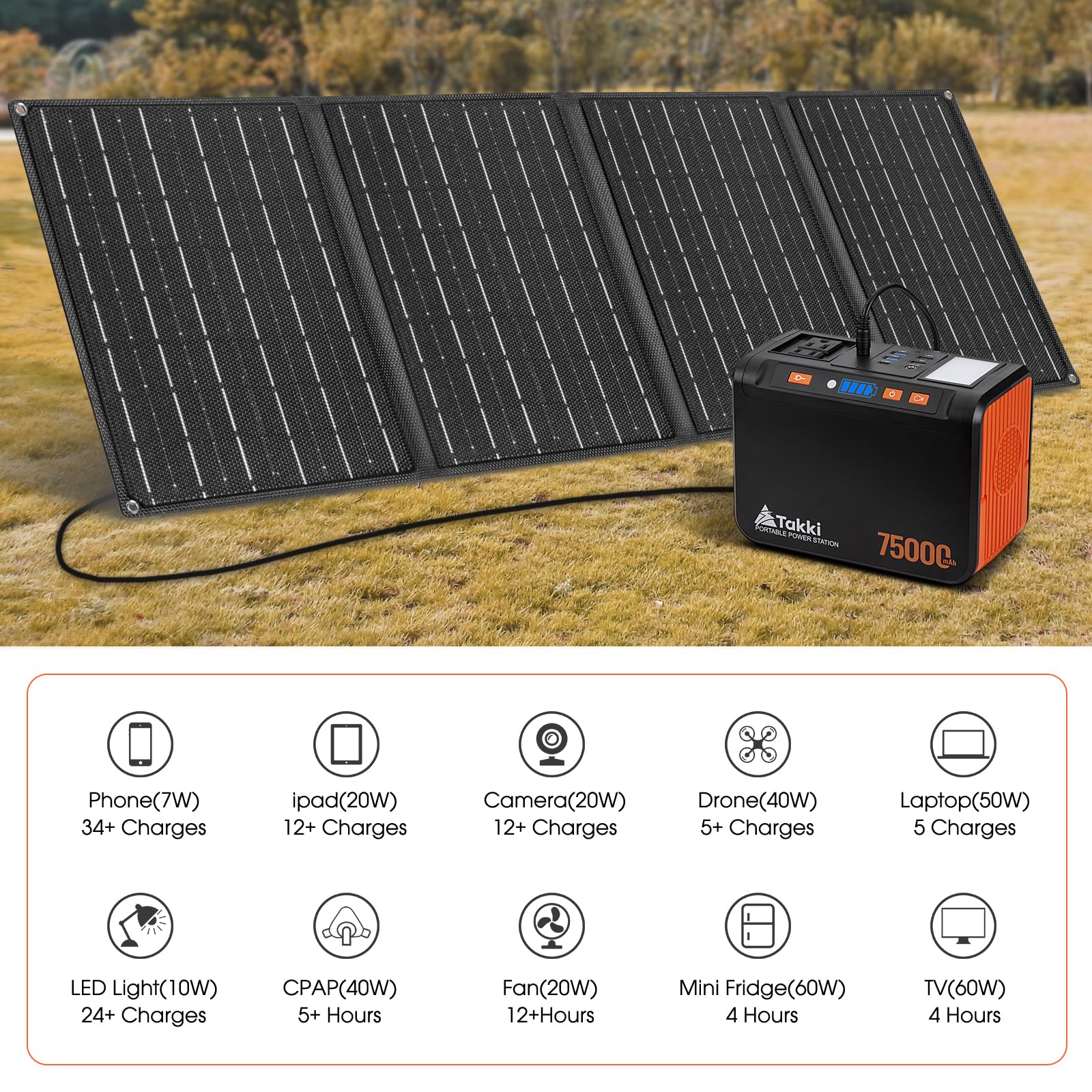 Takki Solar Generator 277Wh Portable Power Station With Solar Panels 40W Included 450W Peak 110V Pure Sine Wave Ac Outlet Dc Usb