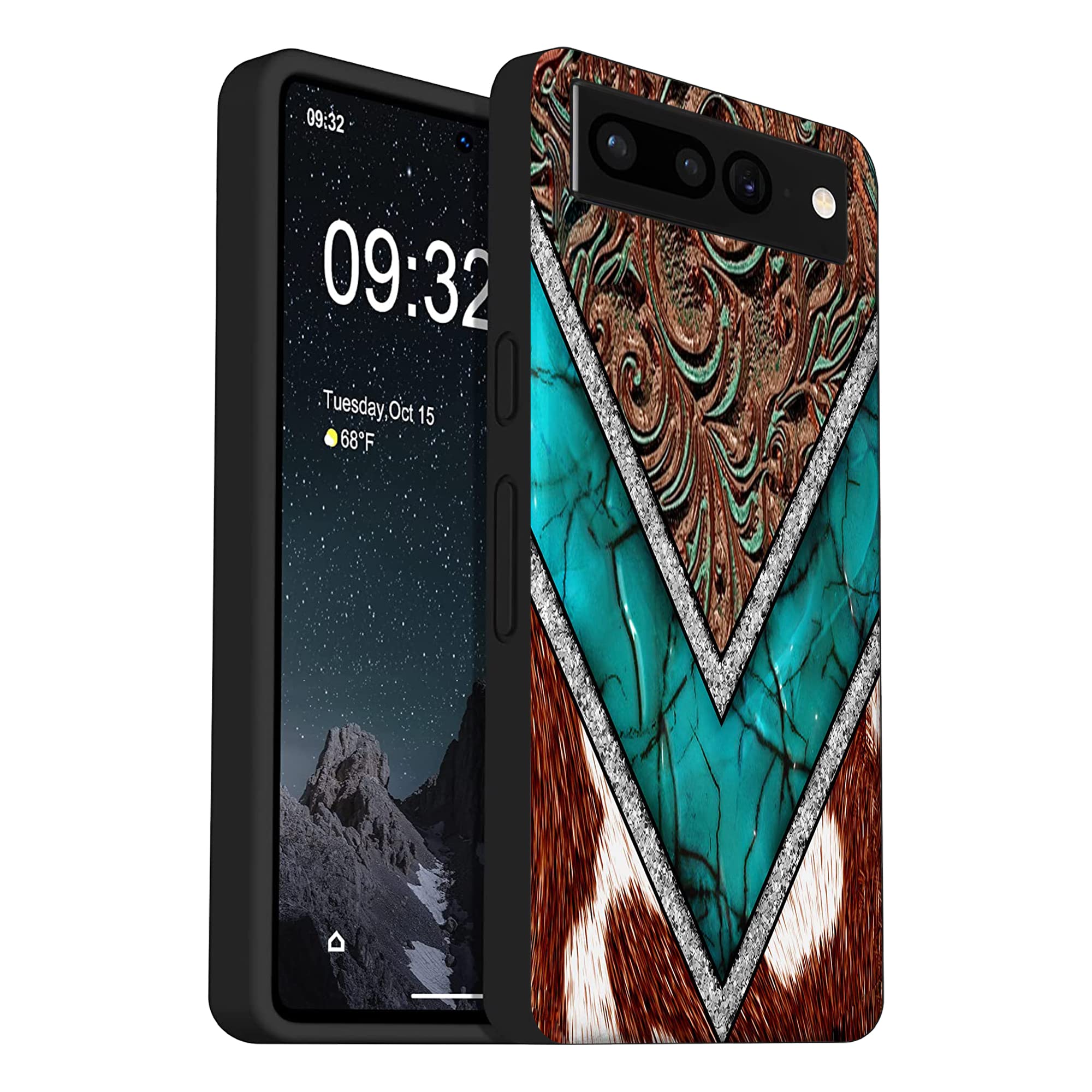 Compatible With Google Pixel 7 Pro Case, Western Cowhide Turquoise And Brown Animal Print Soft Tpu Fashion Cool Slim Shockproof 