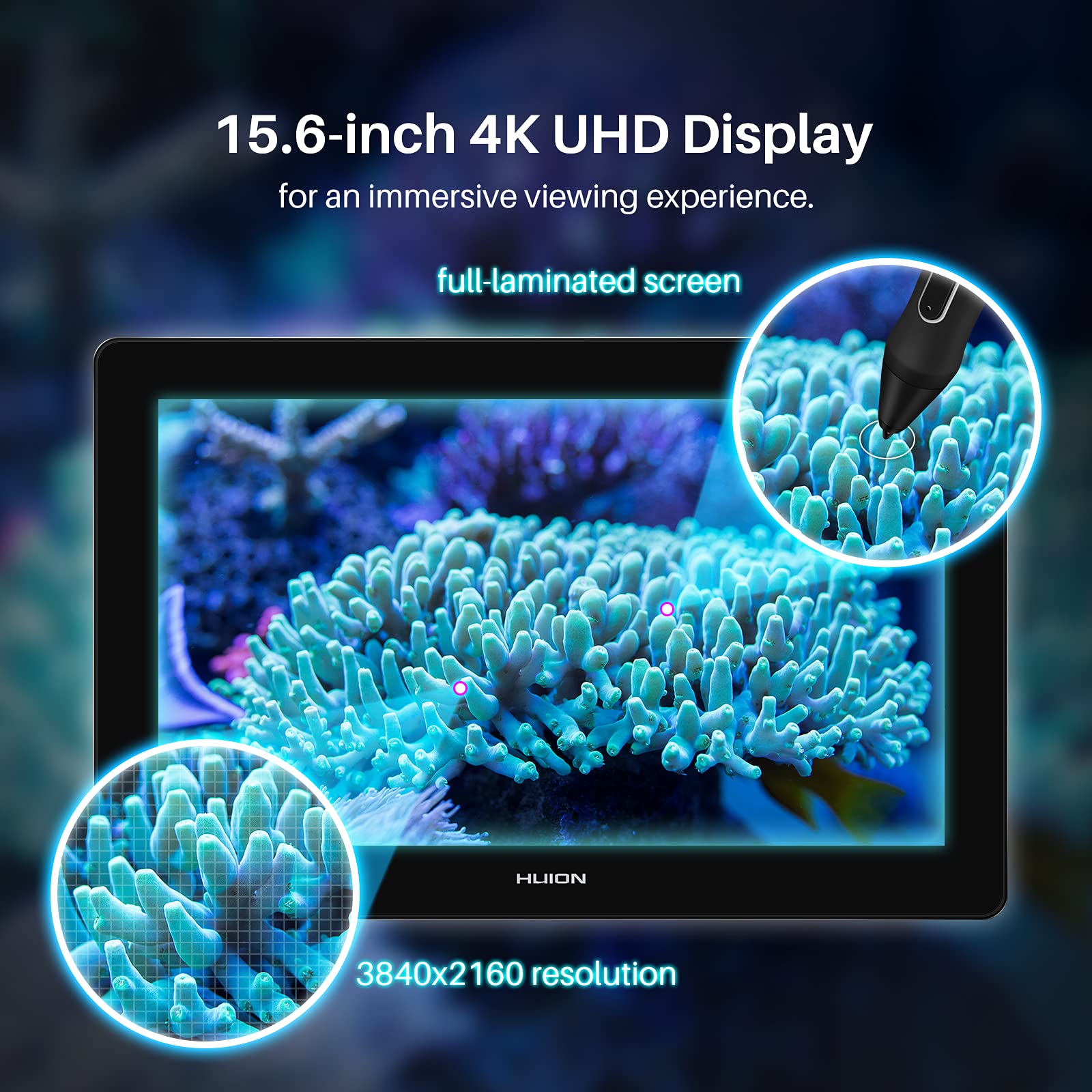 Huion Kamvas Pro 16 Plus 4K Uhd Graphics Drawing Tablet With Screen Full Laminated 145% Srgb Art Tablet With Battery-Free Stylus