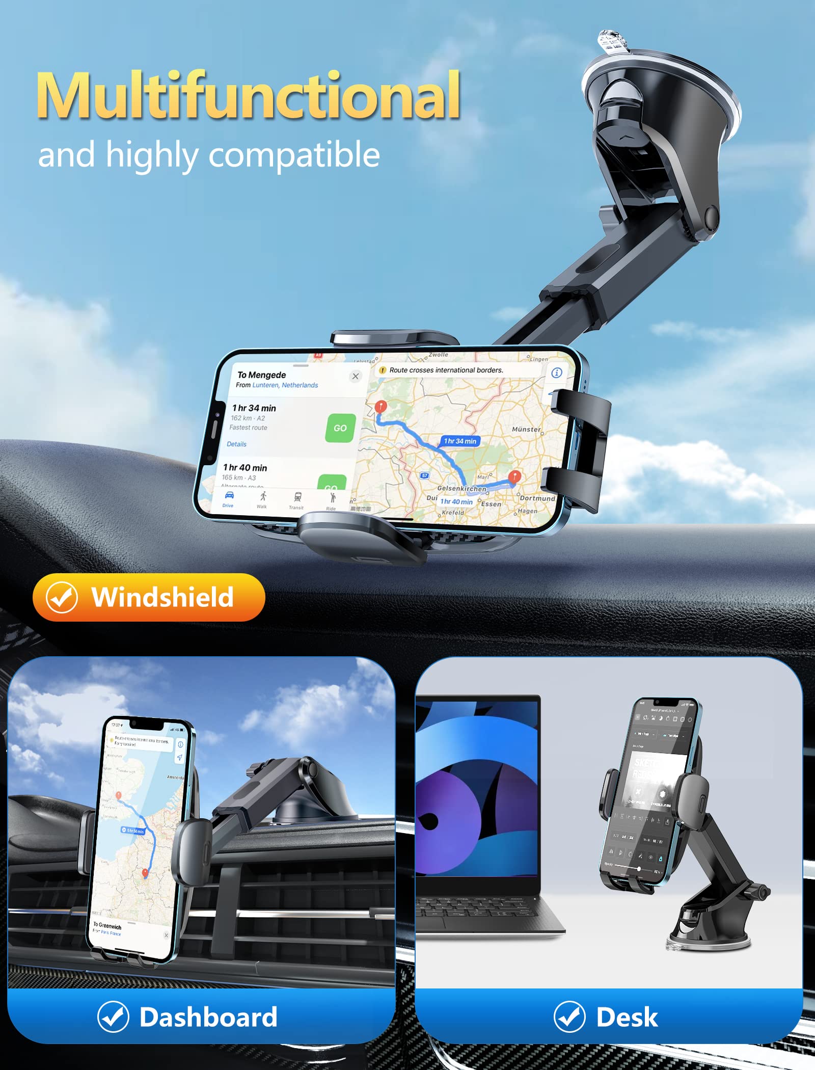 Phone Holder Mount For Car [Strong Suction] Hands Free Universal   Cell Phone Mounts For Dashboard/Windshield, 360    Rotation E