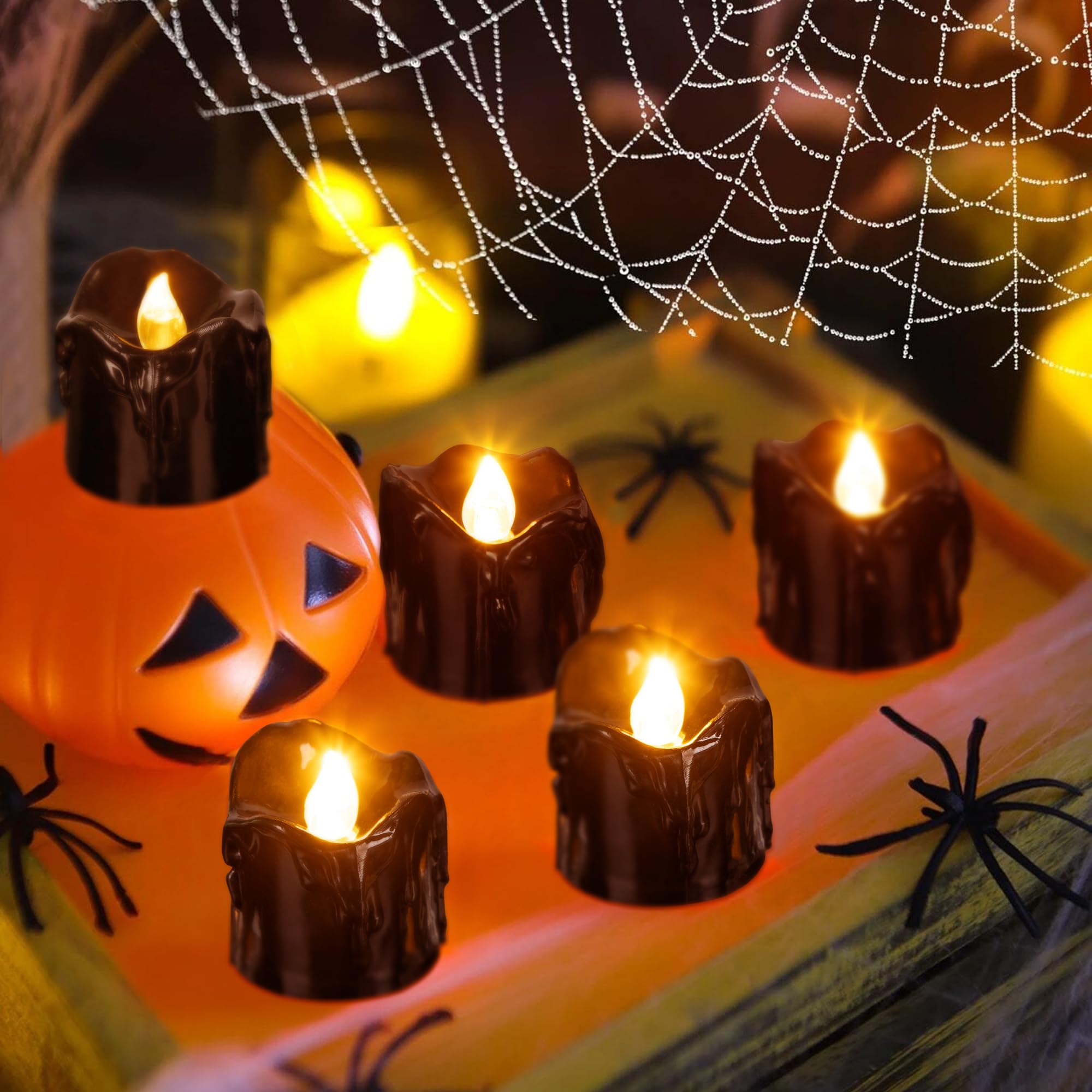 Renbuzhu 24Pcs Halloween Decorations Indoor Candles Black Tea Lights: Led Flameless Tealight Battery Operated Table Decor With S