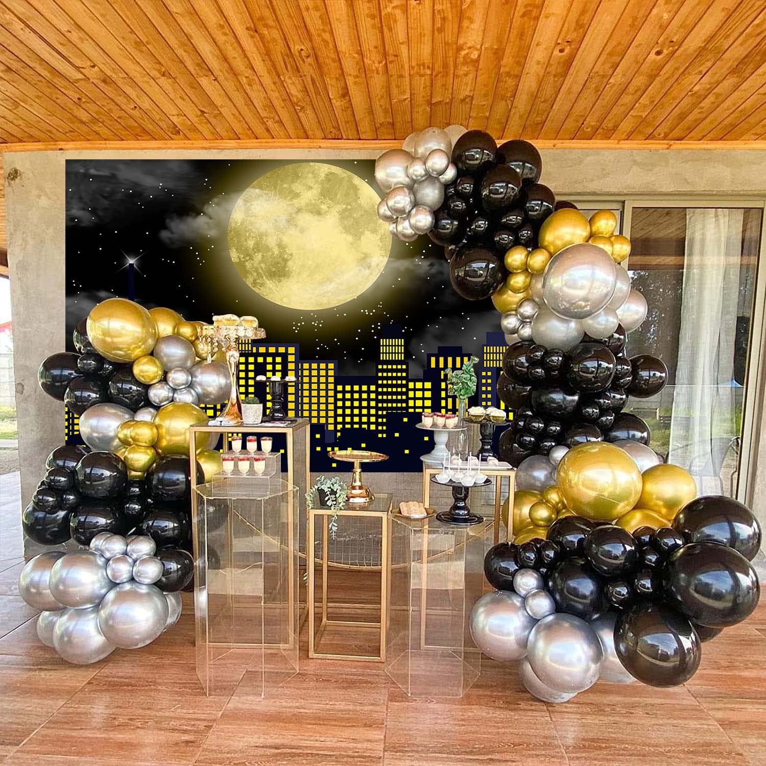 Super City Superhero Backdrop For Photography 7X5Ft Yellow Full Moon Skyline Cityscape Theme Photo Background Baby Shower Boys B