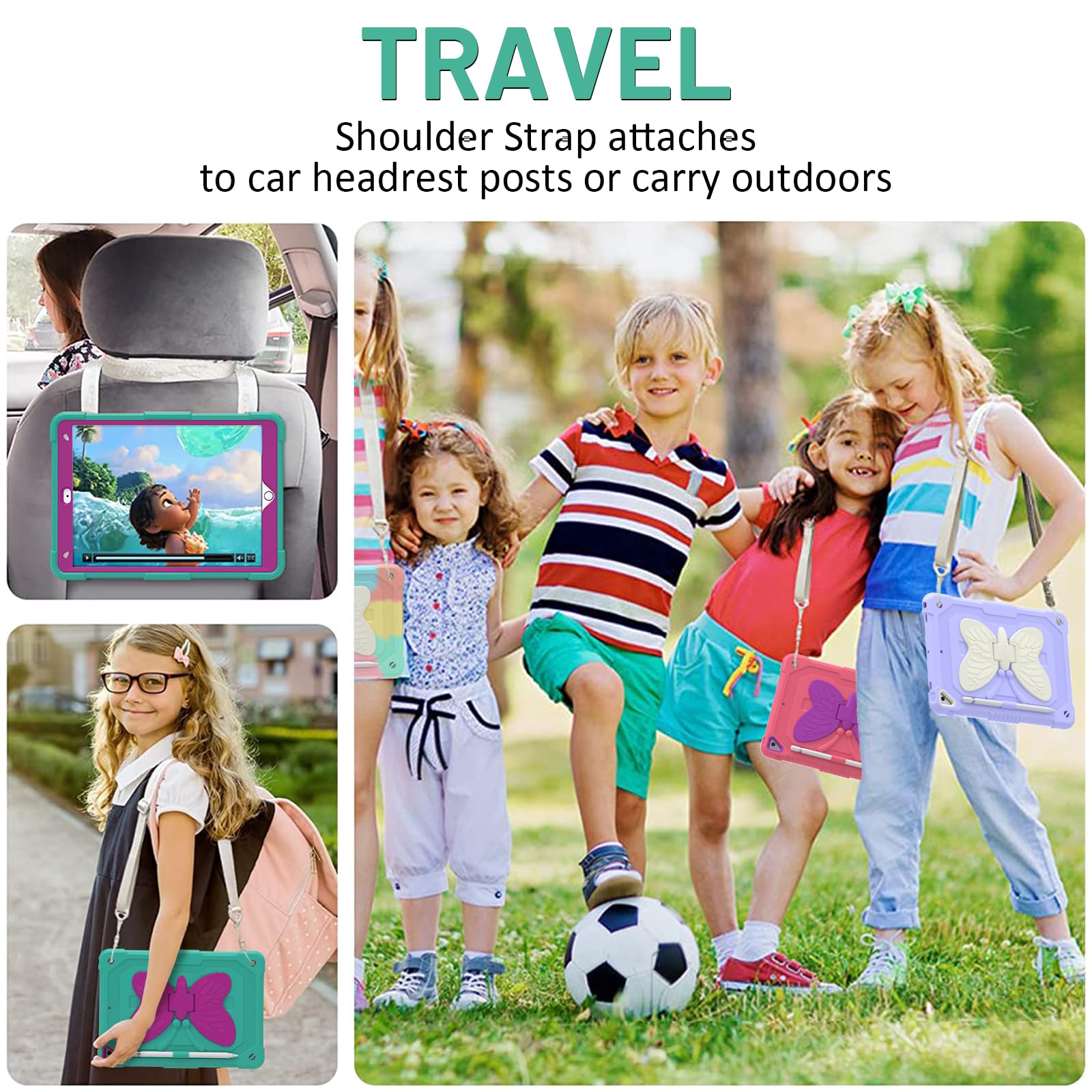 Ambison Case For Ipad 9Th/8Th/7Th Generation 10.2 Inch With Glass Screen Protector,Rugged Shockproof Protective Cover For Kids Girls Butterfly Stand,Shoulder Strap For Ipad 2021/2020/2019 Mint