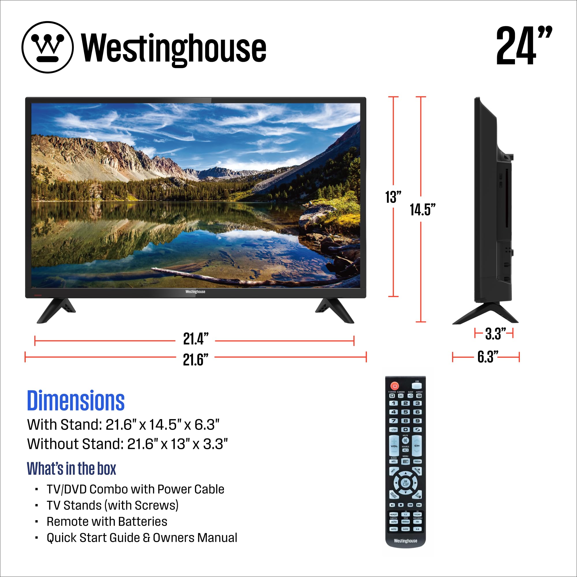 Westinghouse 24 Led Hd Dvd Combo Tv, 720P (2022 Model)