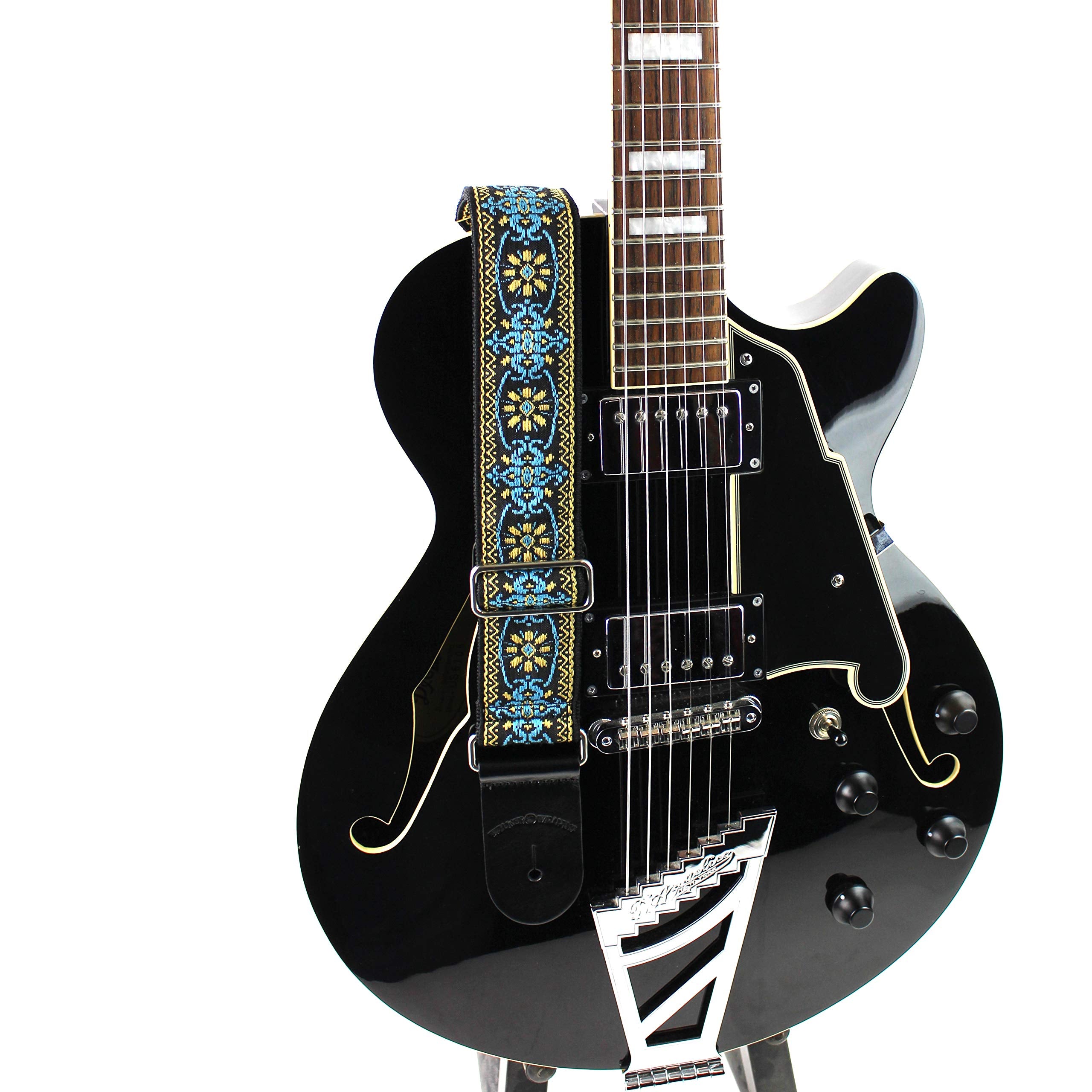 Walker & Williams H 01 Blue Woodstock Woven 60'S Style Premium Woven Guitar Strap With Thick Leather Endcaps For Acoustic, Elect