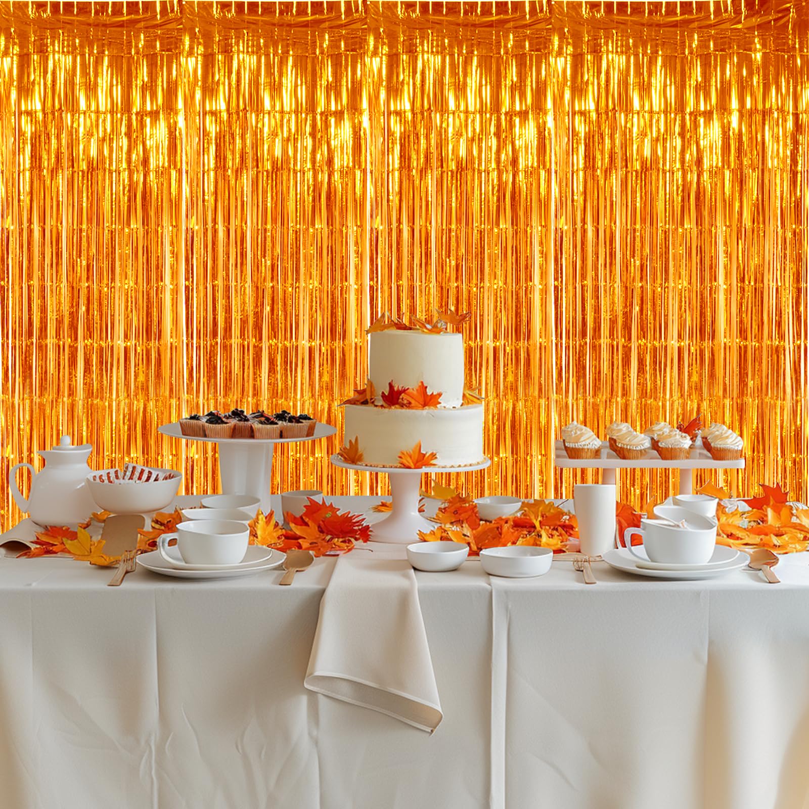 Toniful 3Pcs Orange Door Streamers,Photo Booth Backdrop Metallic Streamers Foil Fringe Curtains For Halloween Thanksgiving New Y