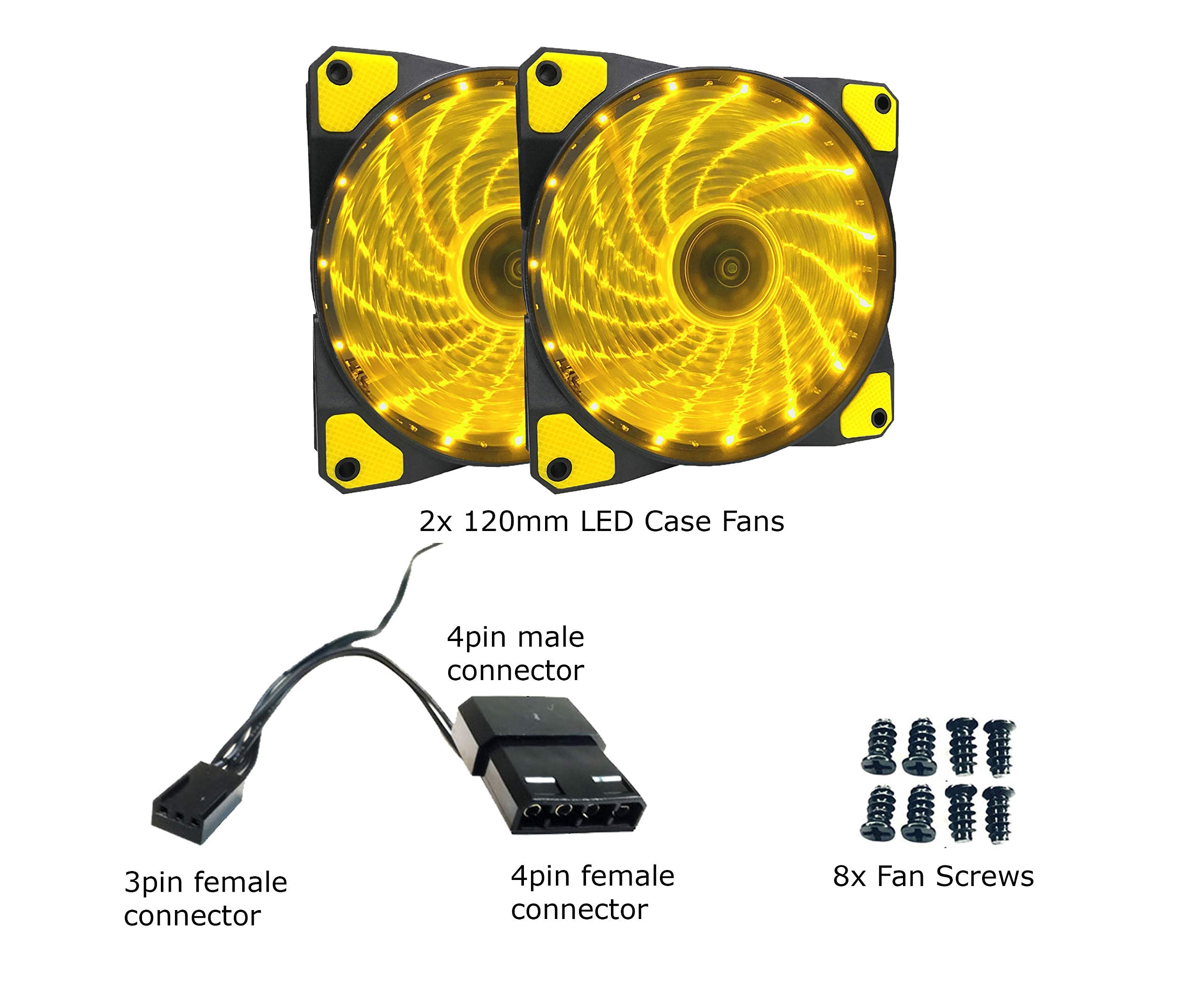 Apevia Af212L Syl 120Mm Yellow Led Ultra Silent Case Fan W/ 15 Yellow Leds & Anti Vibration Rubber Pads (2 Pk)
