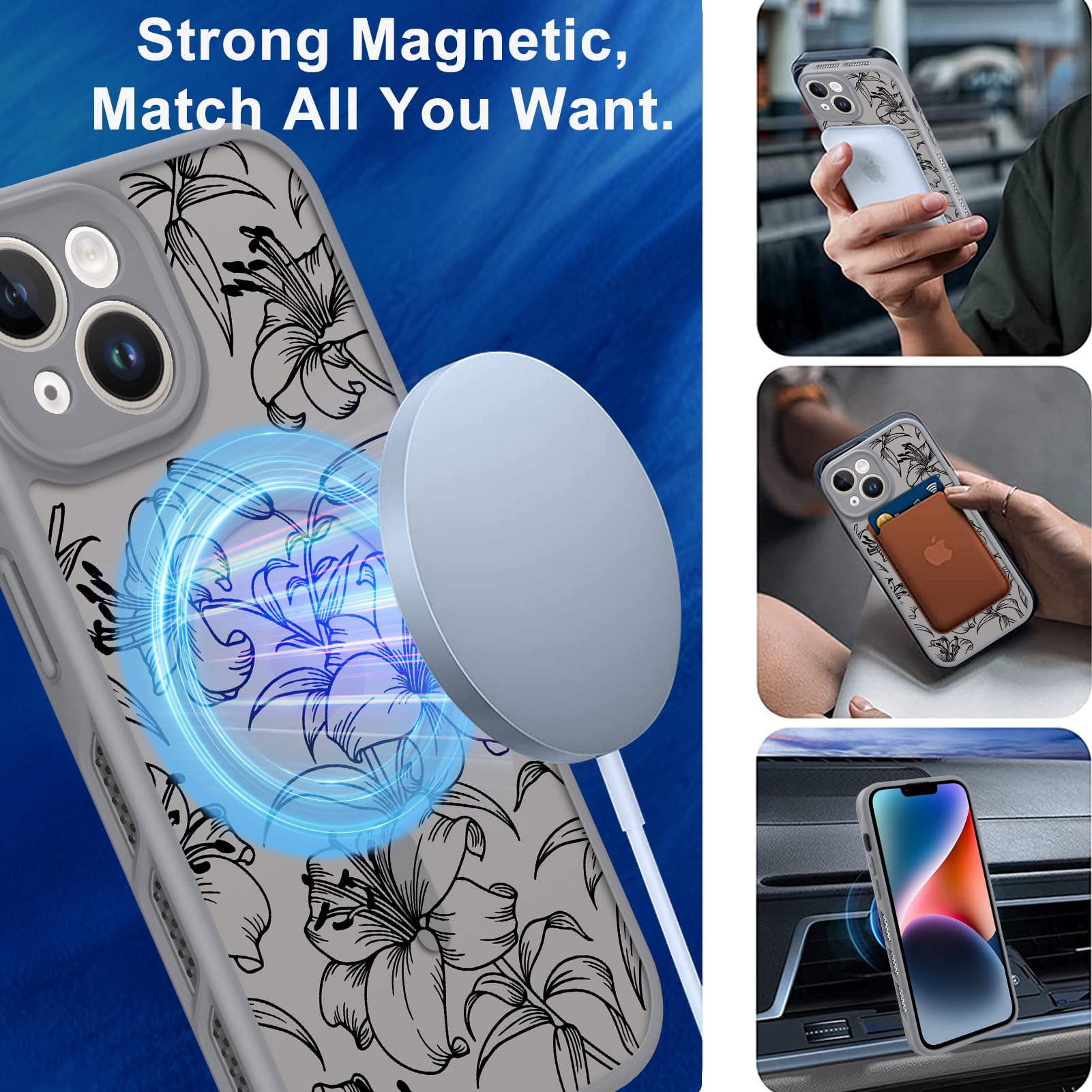 Ook Magnetic For Iphone 14 Case Grey Flower Lily Pattern [Compatible With Magsafe] Slim Translucent Matte Camera Lens Protection
