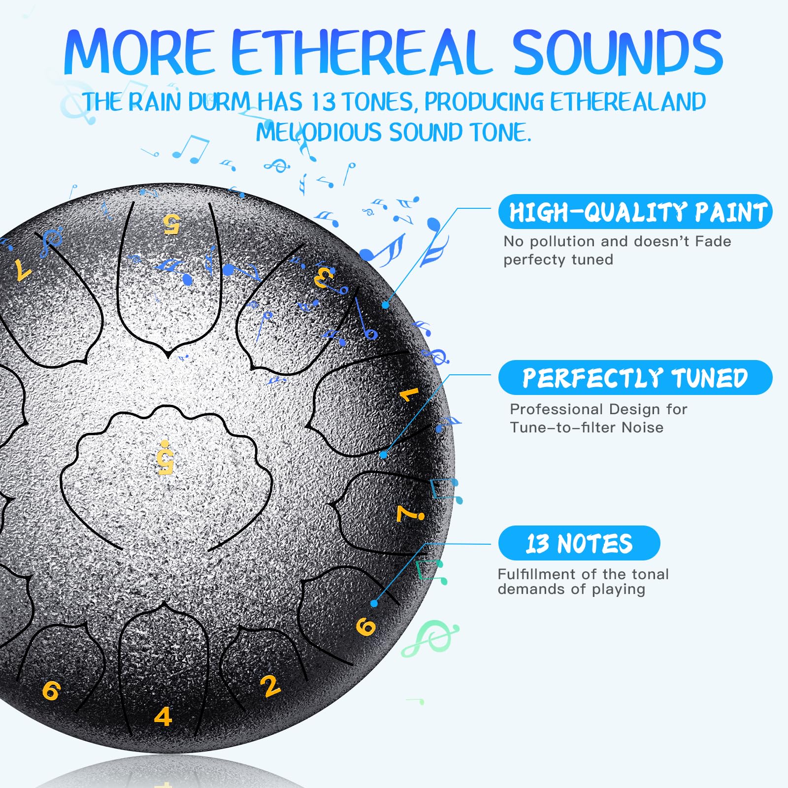 Professional Steel Tongue Drum For Adults & Kids - 8/12 Inch Hand Percussion Instrument Rain Drum With 11/13 Notes For Yoga, Med