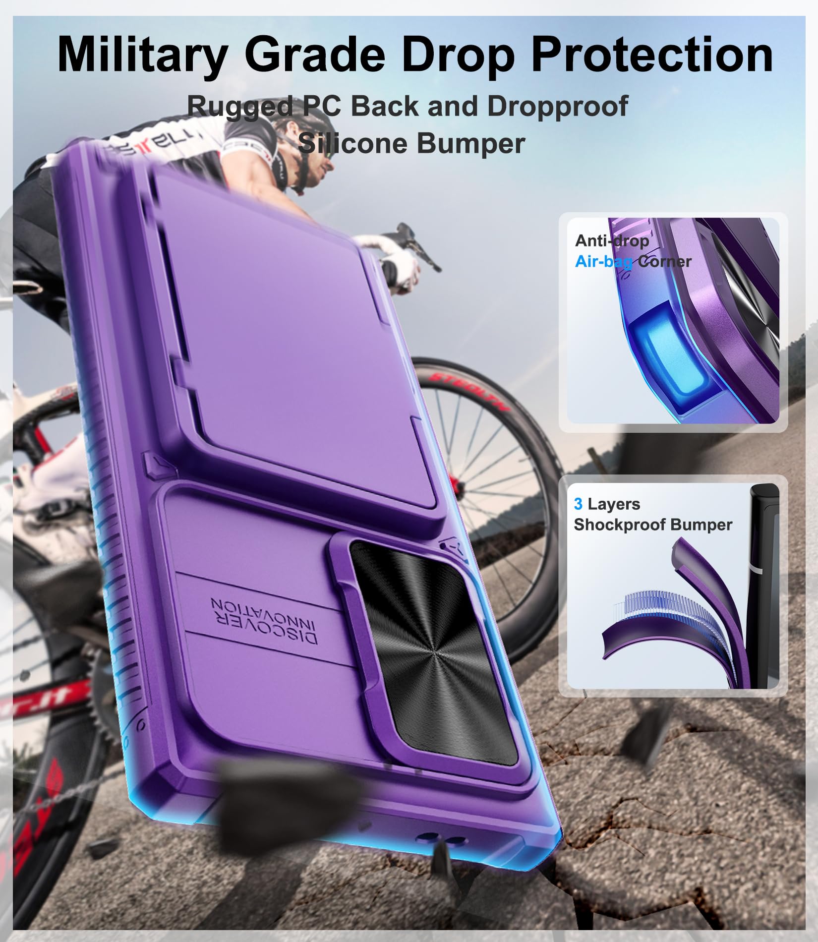 Bxyjy For Samsung Galaxy S24 Ultra Case With Card Holder (4 5 Cards) & Kickstand & Slide Lens Cover, Military Grade Protection,
