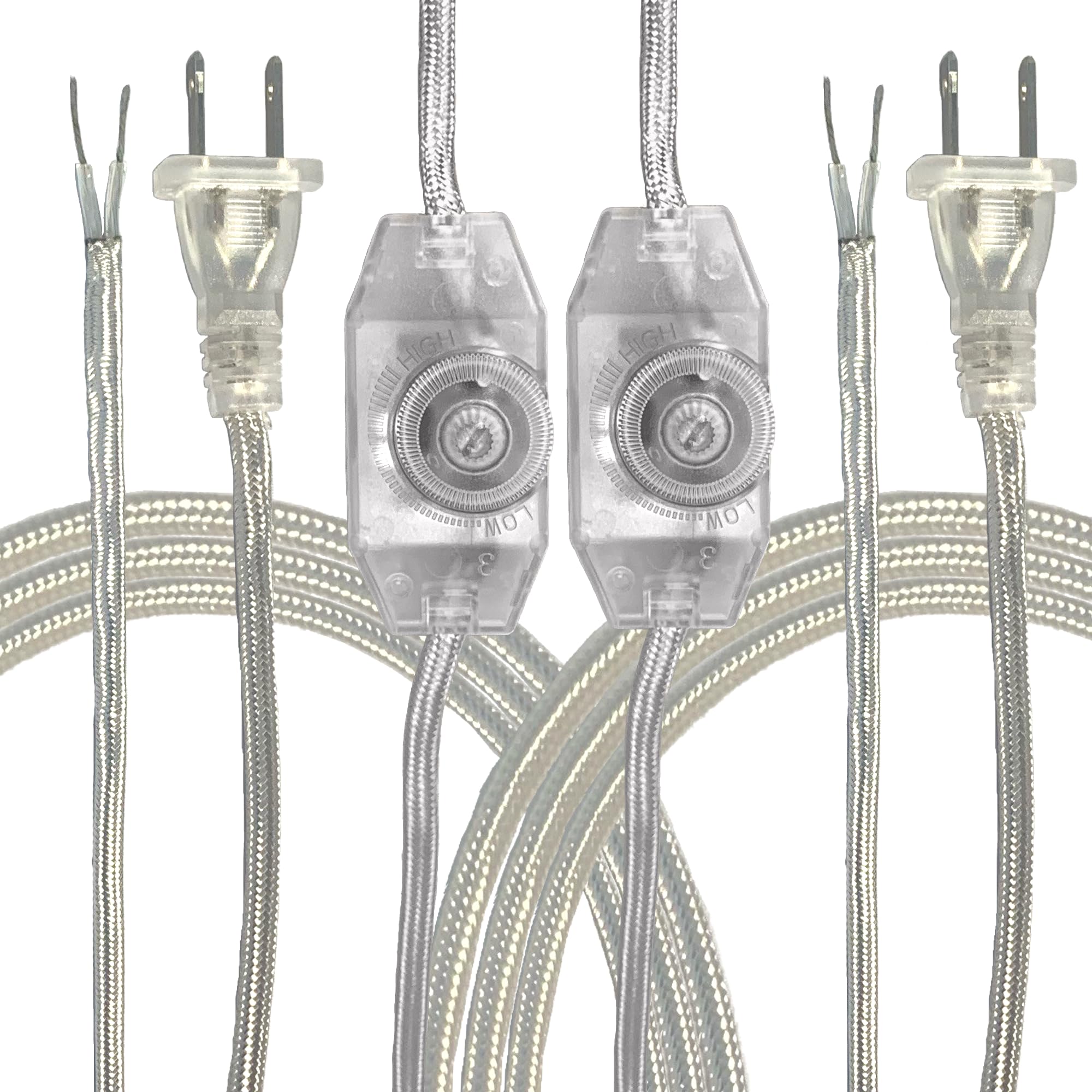 Royal Designs, Inc. Lamp Cord Molded Plug With Dimmer Switch, Stripped Ends Ready For Wiring, 8 Ft Long, Silver, Spt 1 Ul Listed