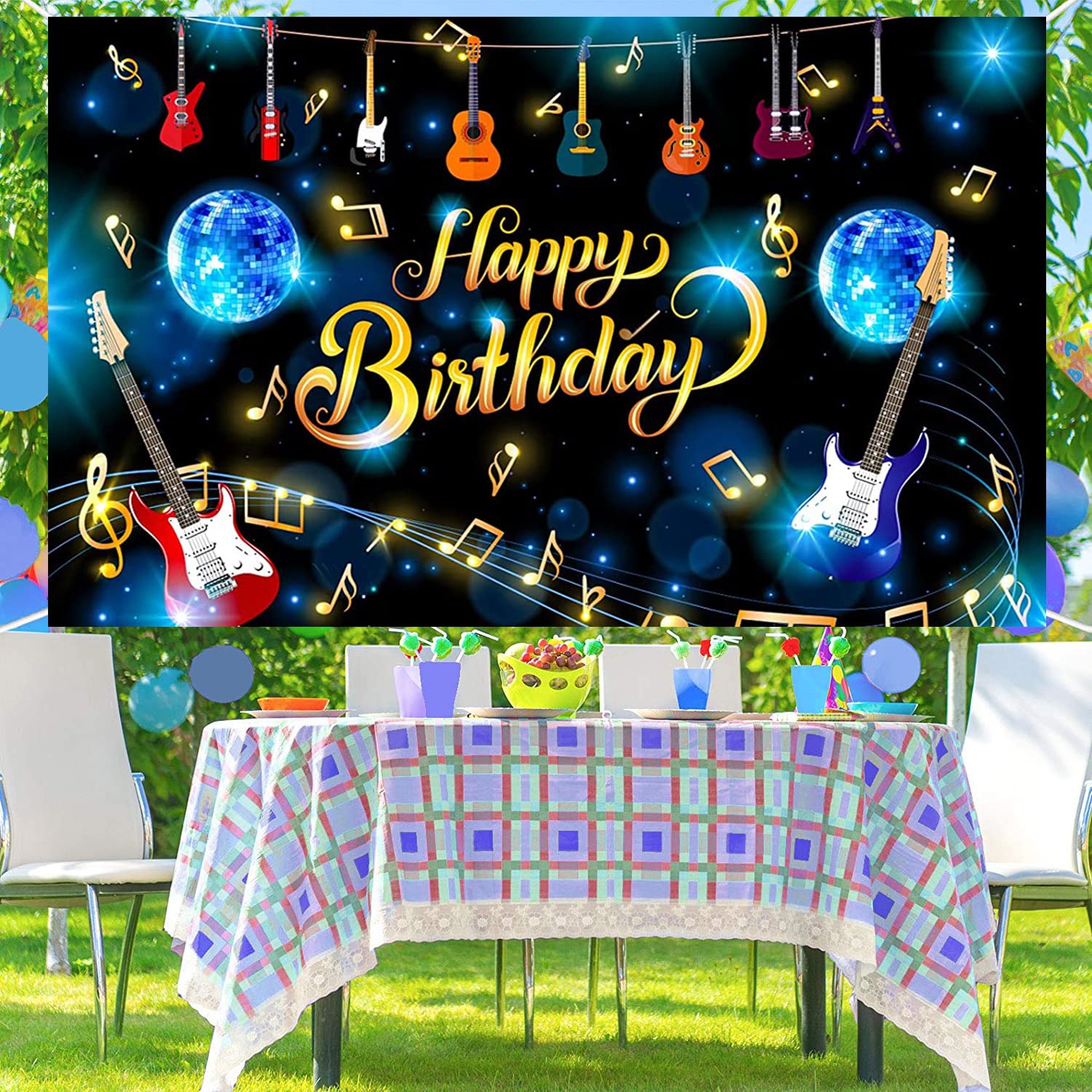 Musical Note Guitar Happy Birthday Backdrop Karaoke Themed Birthday Photography Background Rock And Roll Party Decorations Banne