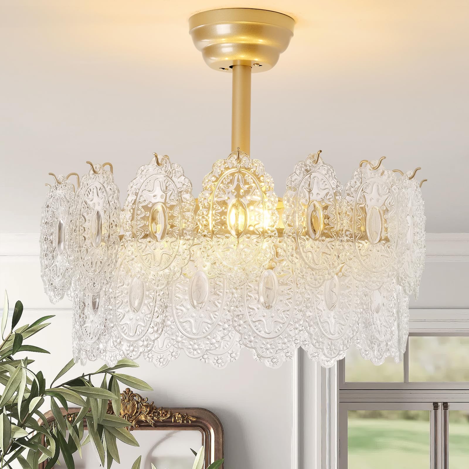 CELAVIEIOP 20 Gold Fandelier Ceiling Fans with Lights, Crystal Chandelier Ceiling Fans with Lights Remote Control, Mid Century F
