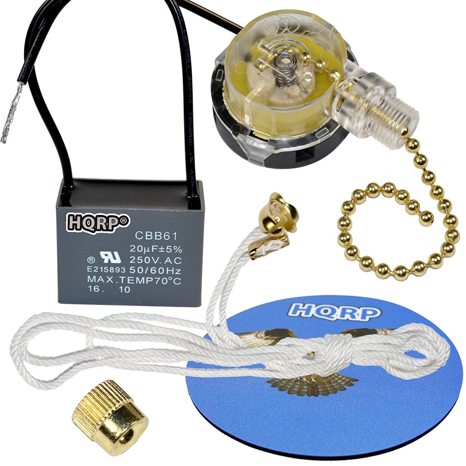Hqrp Kit Ceiling Fan Capacitor Cbb61 20Uf 2 Wire Ul Listed And 3 Speed Fan Switch