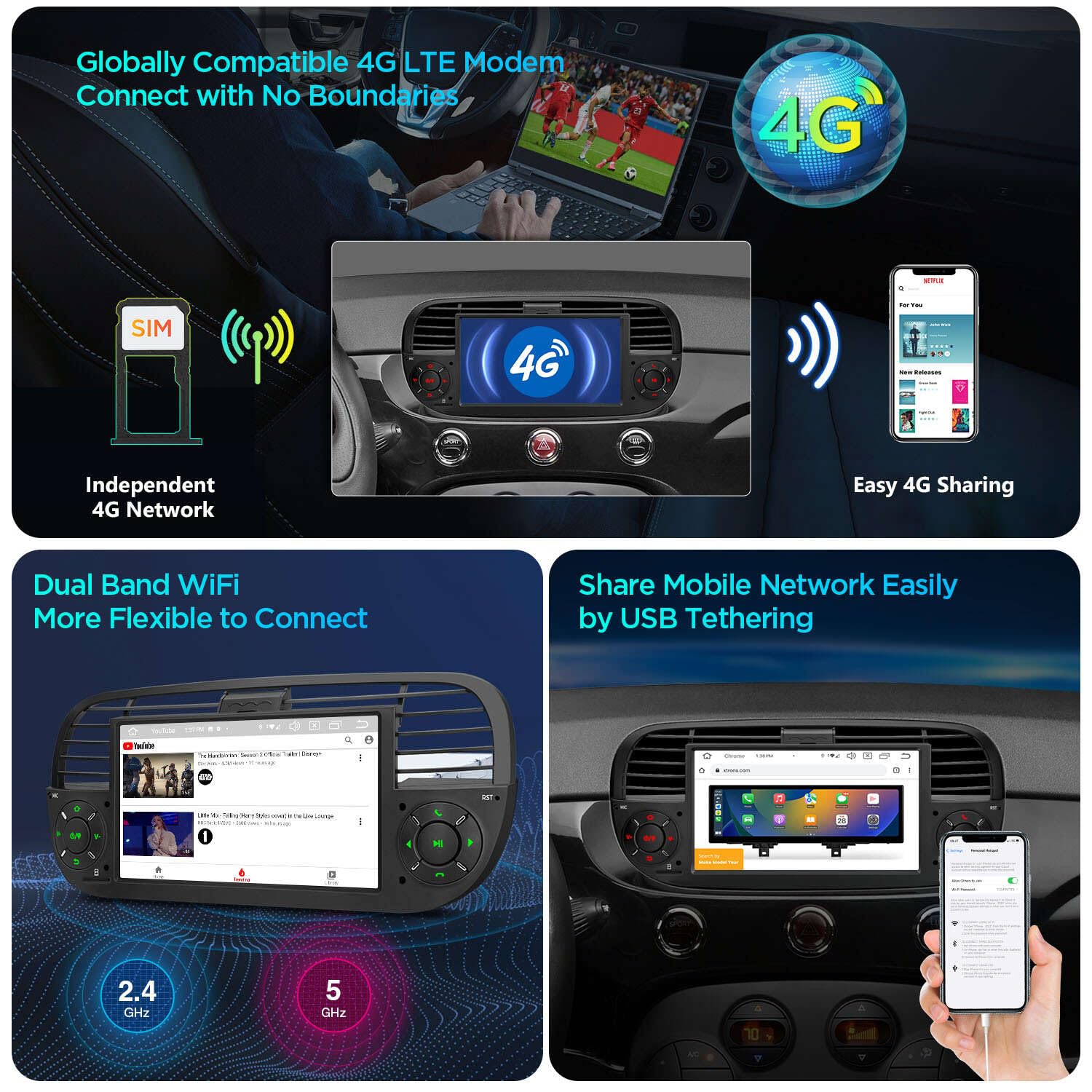 Xtrons For Fiat 500 (2007 2015) Touch Screen Radio, 7 Inch Android 13 Car Stereo For Fiat 500 Replacement Head Unit Built In Dsp