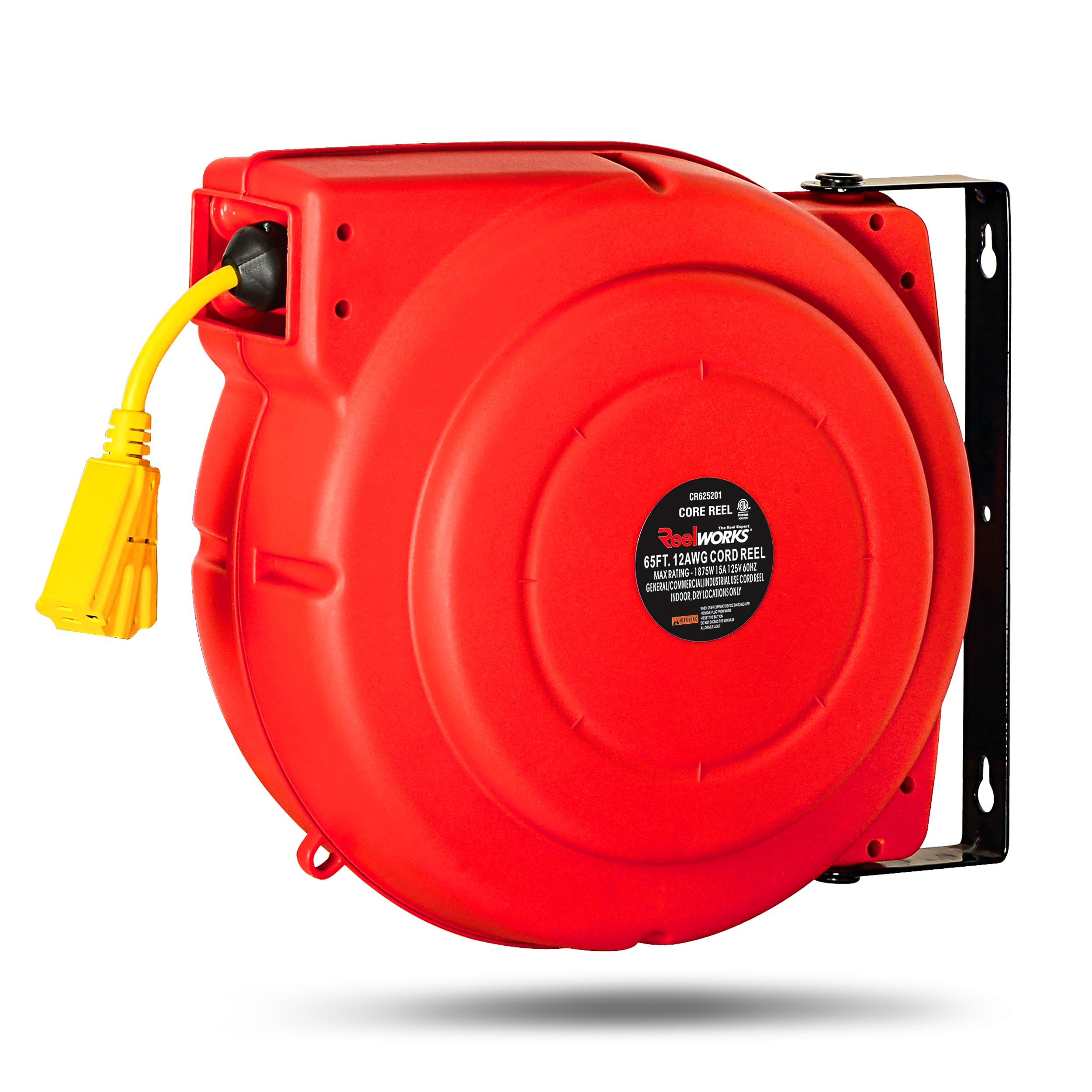 Reelworks Extension Cord Reel Retractable 12Awg X 65' Foot 3C/Sjt Heavy Duty Commercial Cable Triple Tap Connector Power 15A 125