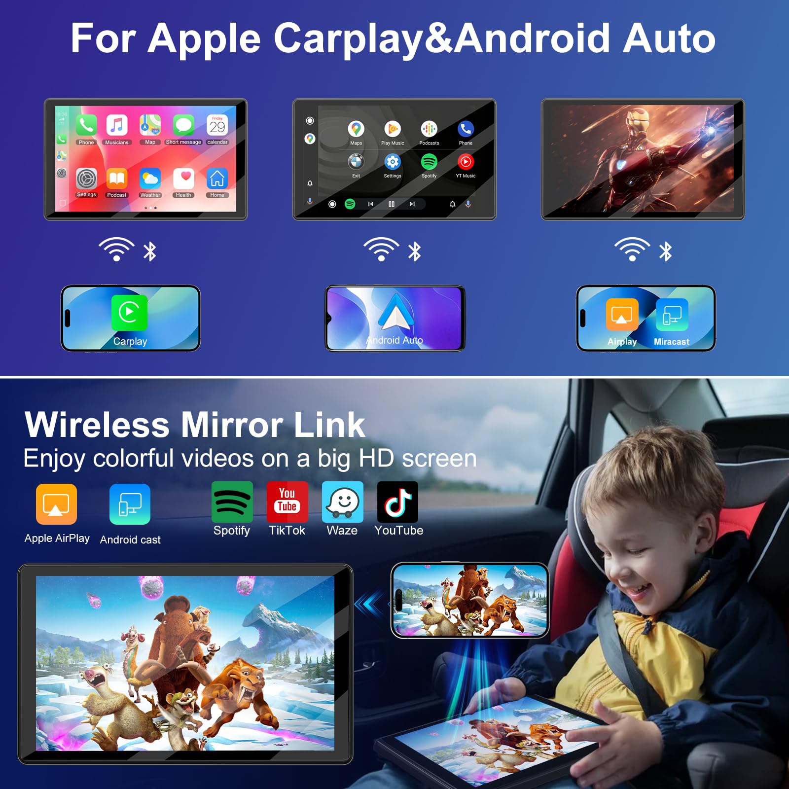 Carplay Screen For Car,7  Hd Ips Wireless Portable Car Stereo For Apple Carplay &Android Auto,Car Audio Receivers Touch Screen C