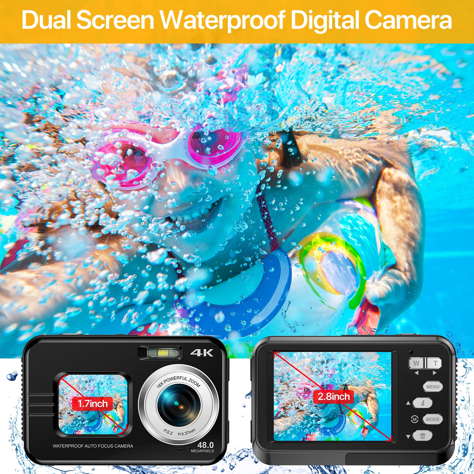 4K Underwater Camera With 64Gb Card, 11Ft Waterproof Camera Dual-Screen Selfie Underwater Cameras For Snorkeling 16X Digital Zoo