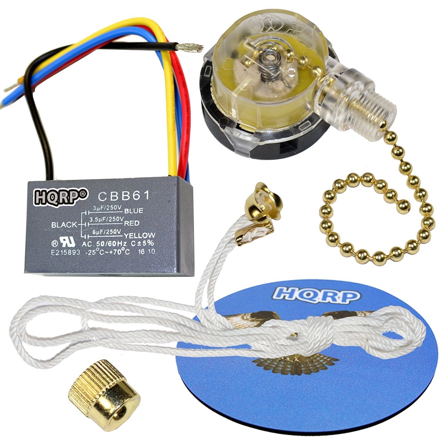 Hqrp Kit Ceiling Fan Capacitor Cbb61 3Uf+3.5Uf+6Uf 4 Wire Ul Listed And 3 Speed Fan Switch