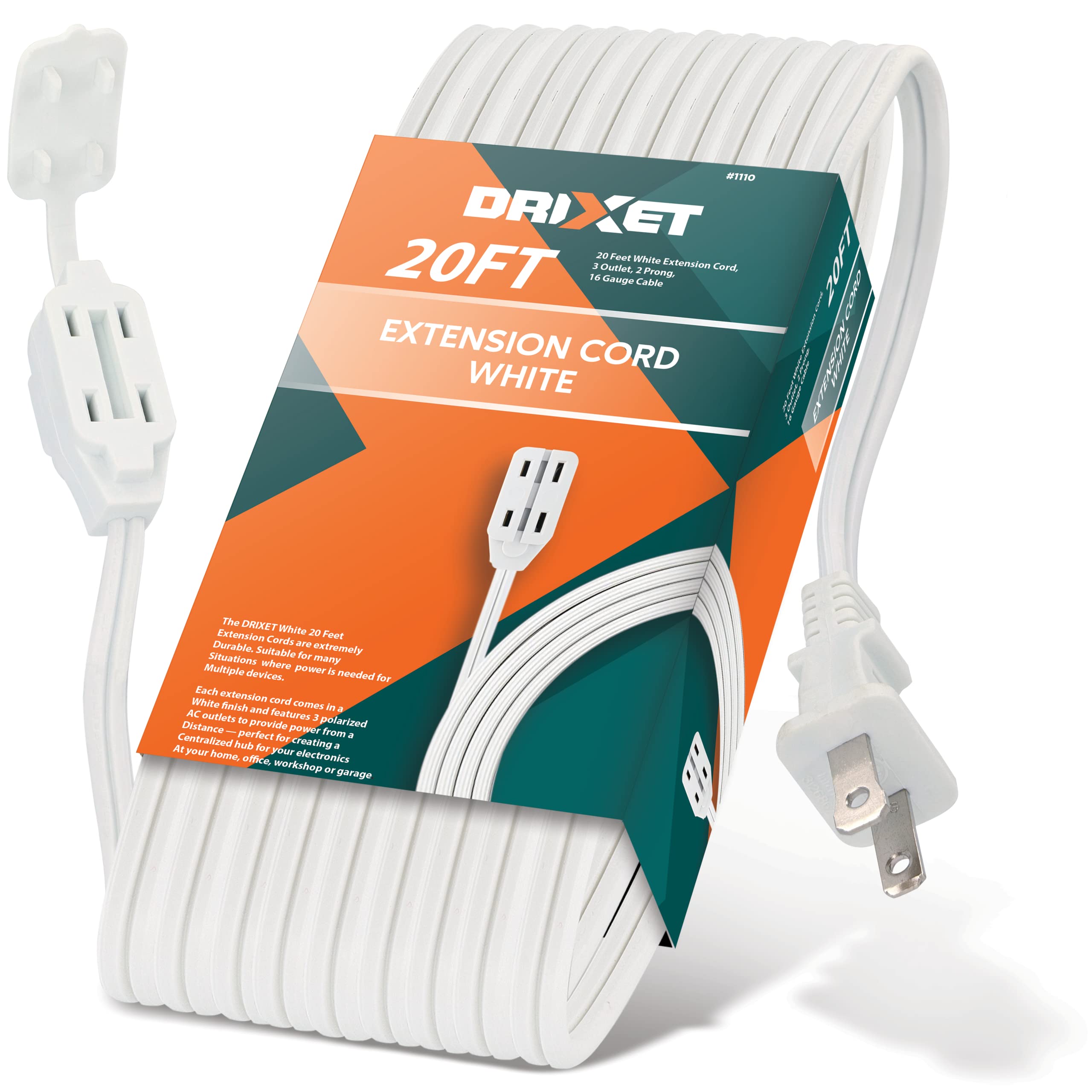 20 Feet White Extension Cord, 3 Outlet, 2 Prong, 16 Gauge Cable, 3 Receptacle Cube Tap, Indoor Use   By Revpex