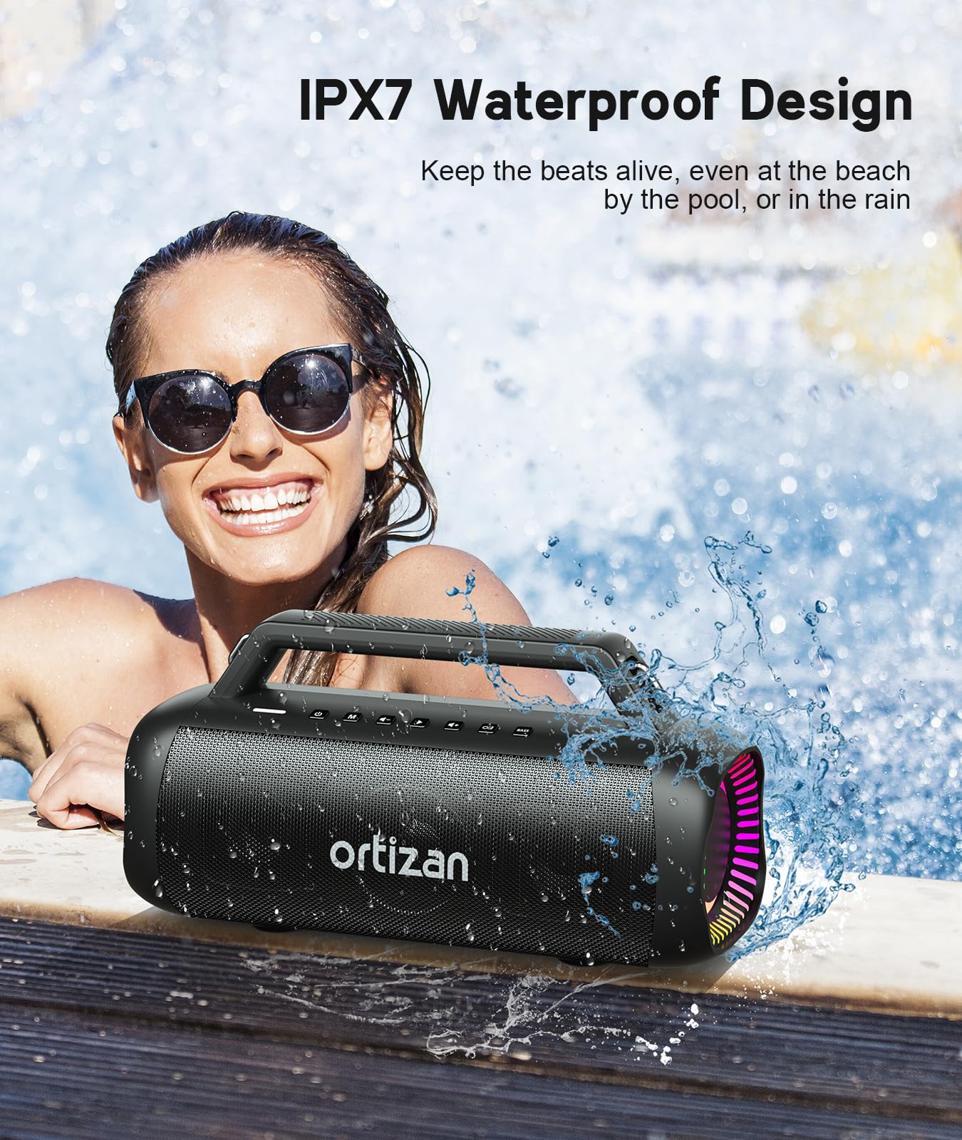 Ortizan Portable Bluetooth Speaker Loud, 80W Peak, Bass Up, 20H Playtime, Ipx7 Waterproof, Rgb Lights, Wireless Stereo Pairing,