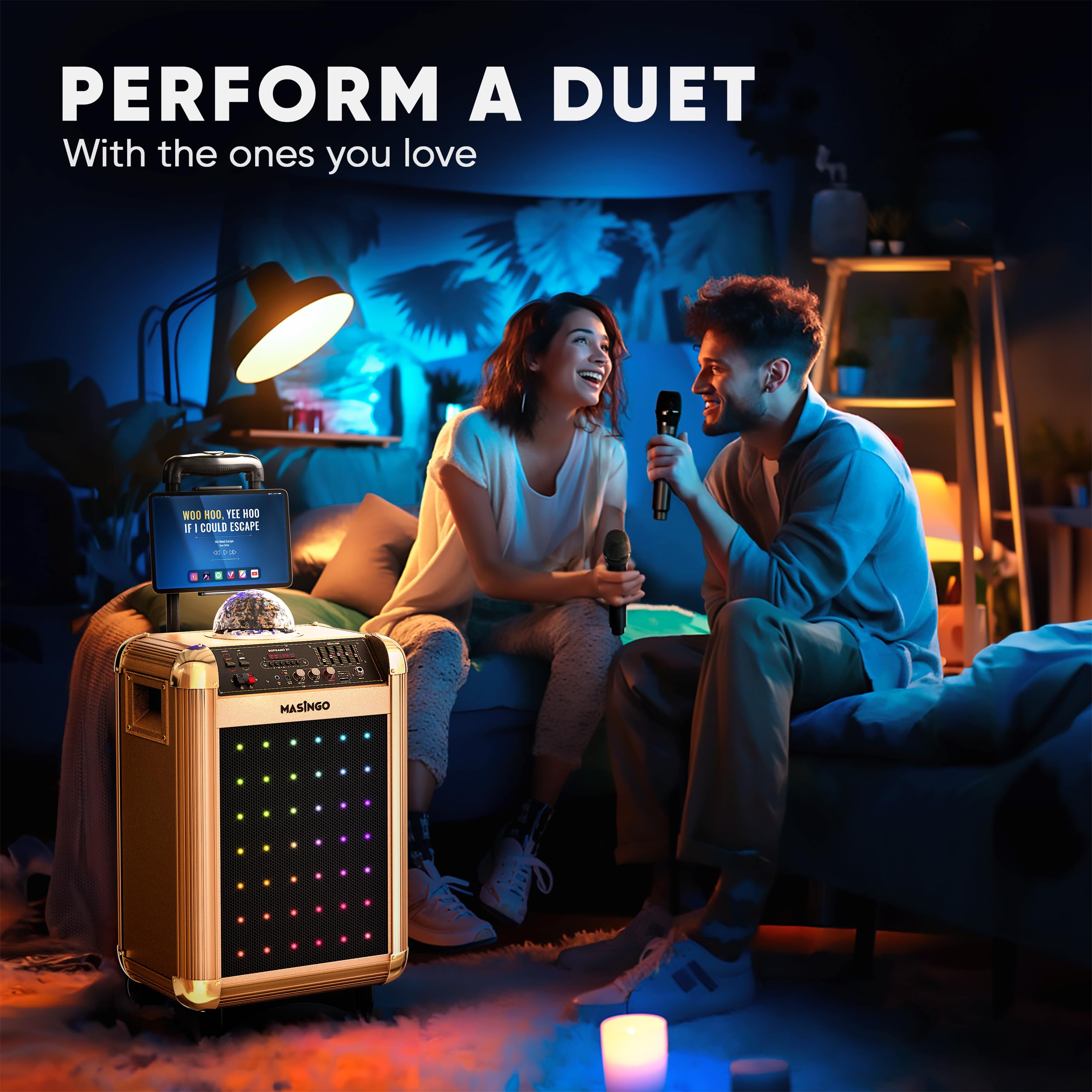 Masingo Karaoke Machine For Adults And Kids With 2 Bluetooth Wireless Microphones. Portable Singing Pa Speaker System With Disco