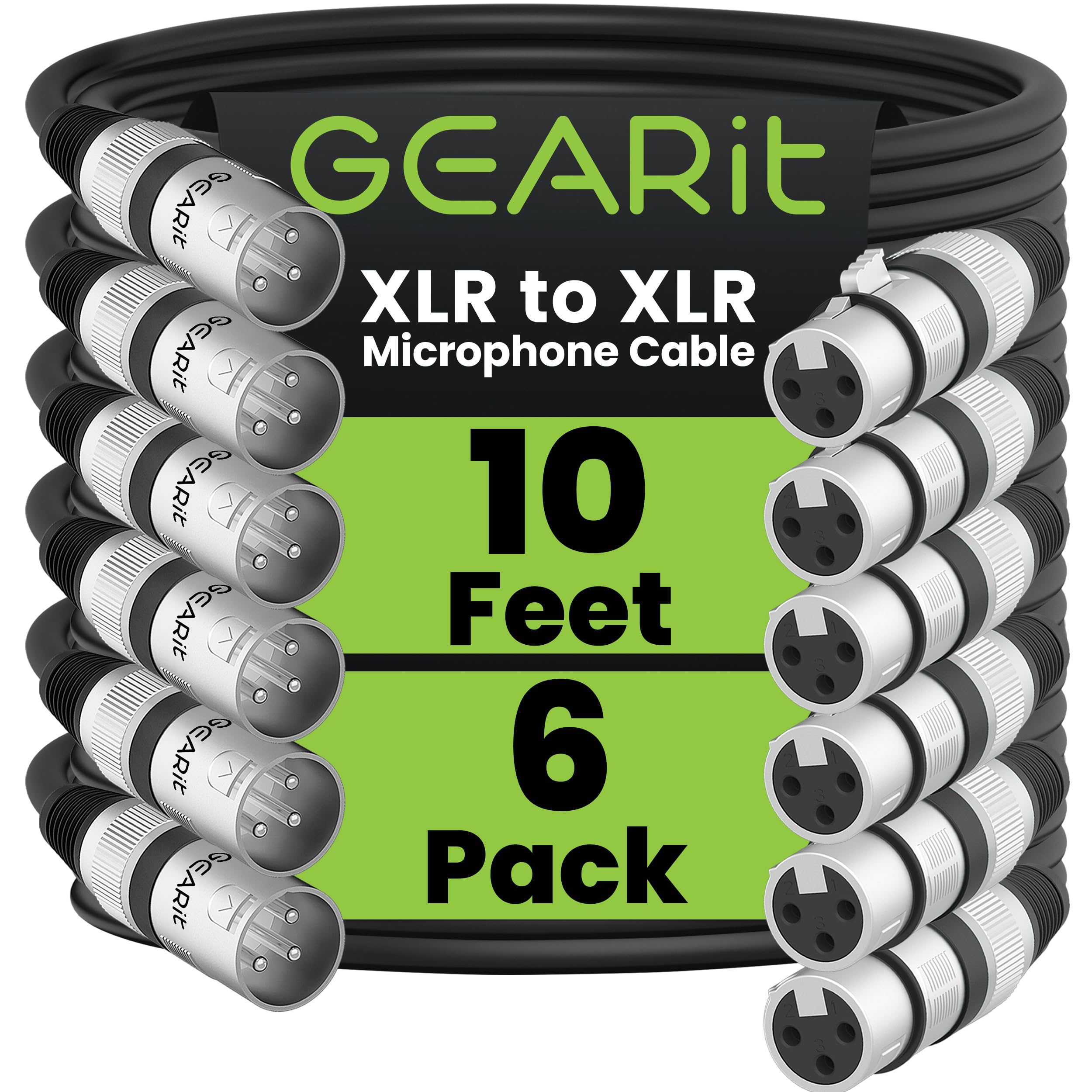 GEARit XLR Male to Female Microphone Cable (10 Feet, 6-Pack) 3-Pin Balanced Shielded Mixer, Recording Studio, Podcast - Black