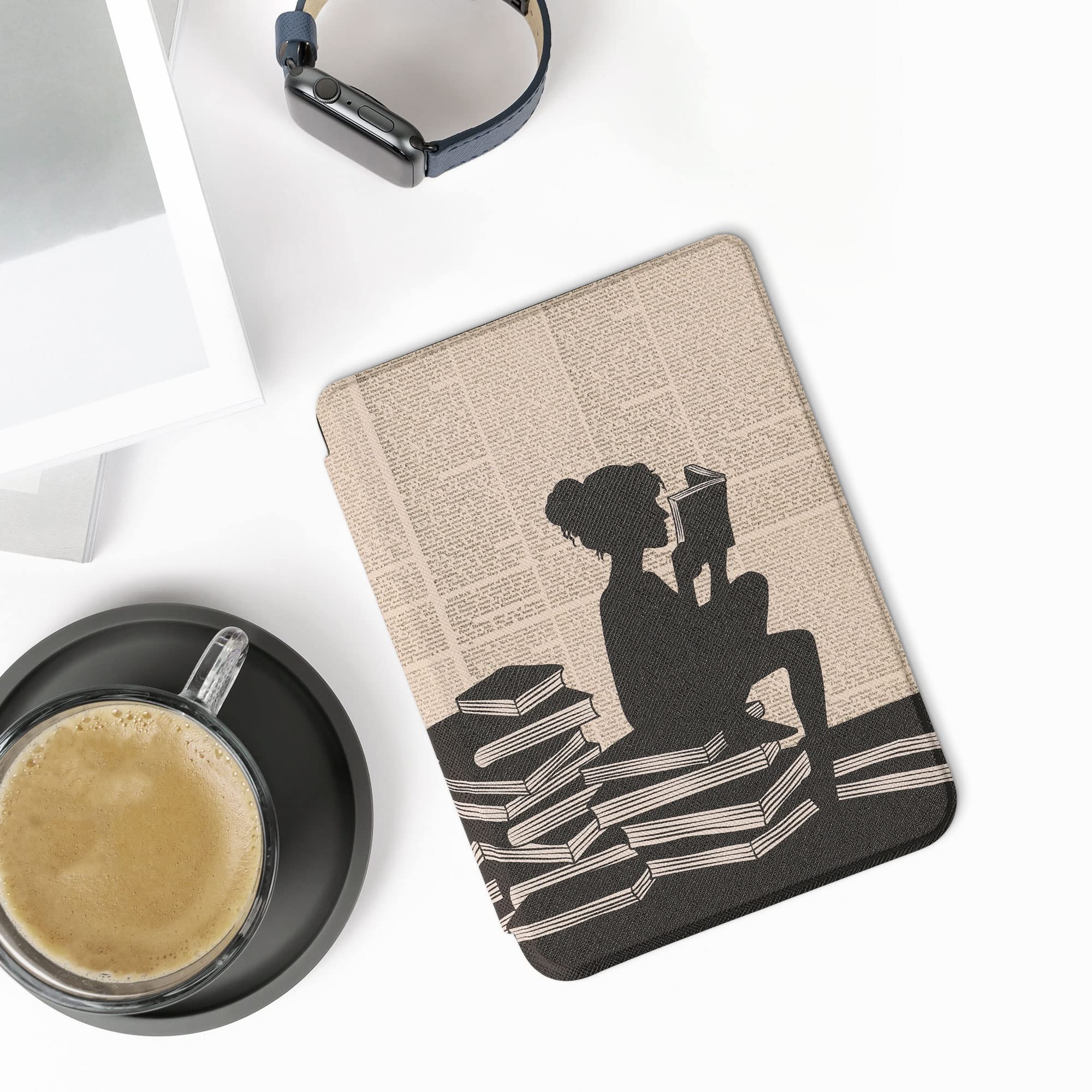 Kwmobile Case Compatible With Kobo Clara 2E / Tolino Shine 4 Case   Ereader Cover   Girl And Books Black/Beige