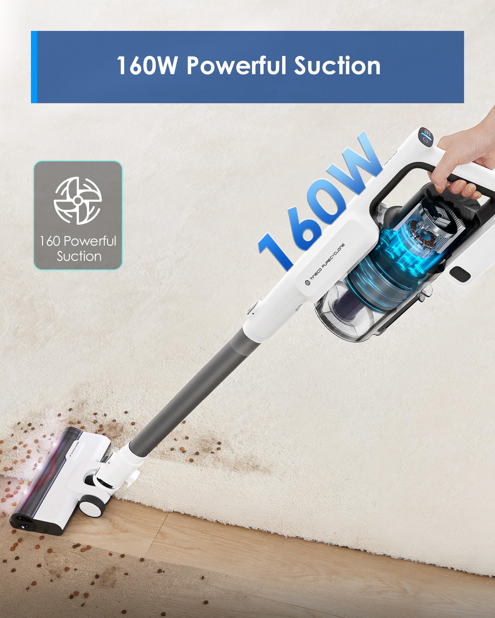 Tineco A30S Cordless Stick Vacuum Cleaner, 160W Powerful Suction, 60 Minutes Runtime, 1L Larger Dustbin, Rechargeable Lightweigh