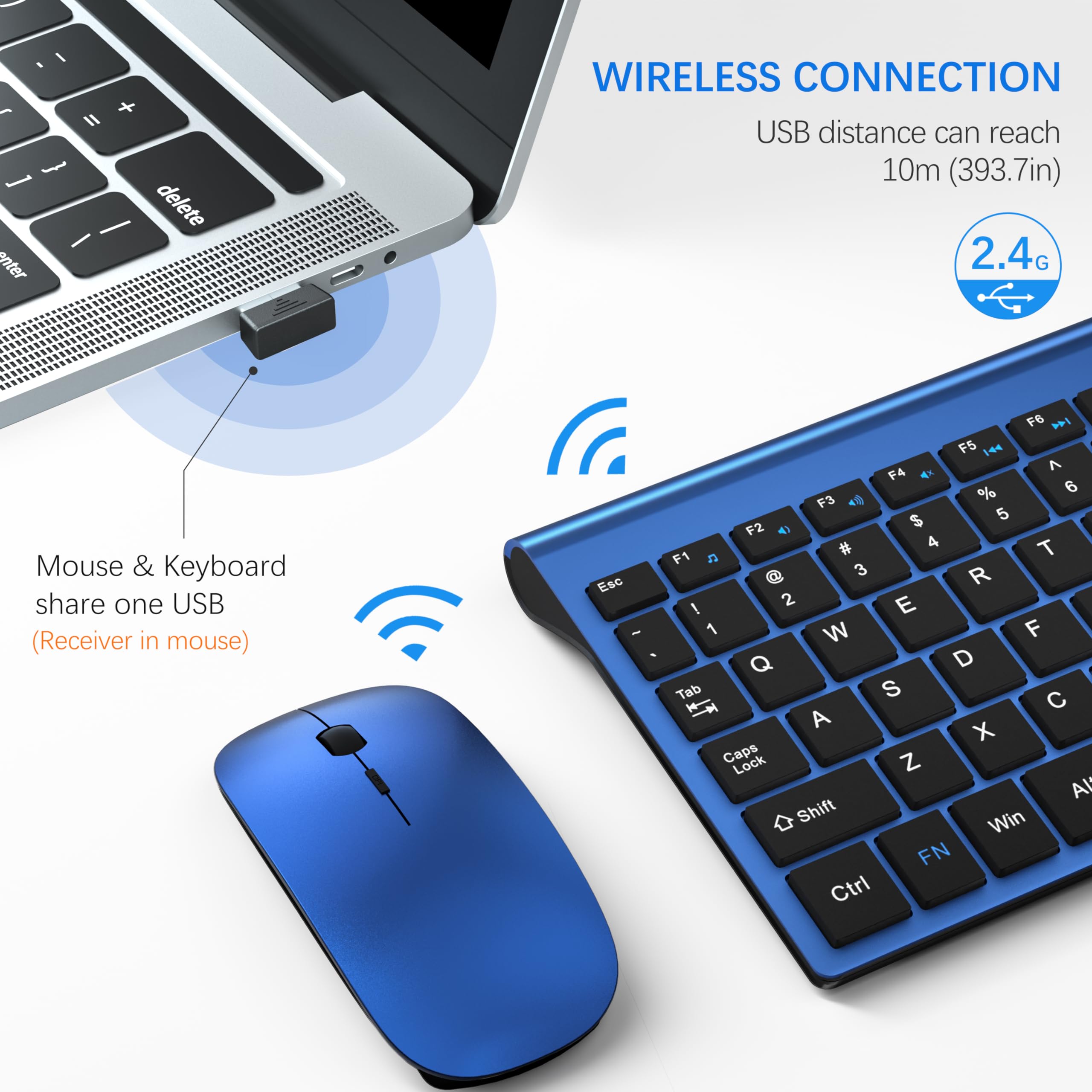 Topmate Wireless Keyboard And Mouse Ultra Slim Combo, 2.4G Silent Compact Usb Mouse And Scissor Switch Keyboard Set With Cover, 2 Aa And 2 Aaa Batteries, For Pc/Laptop/Windows/Mac   Blue Black