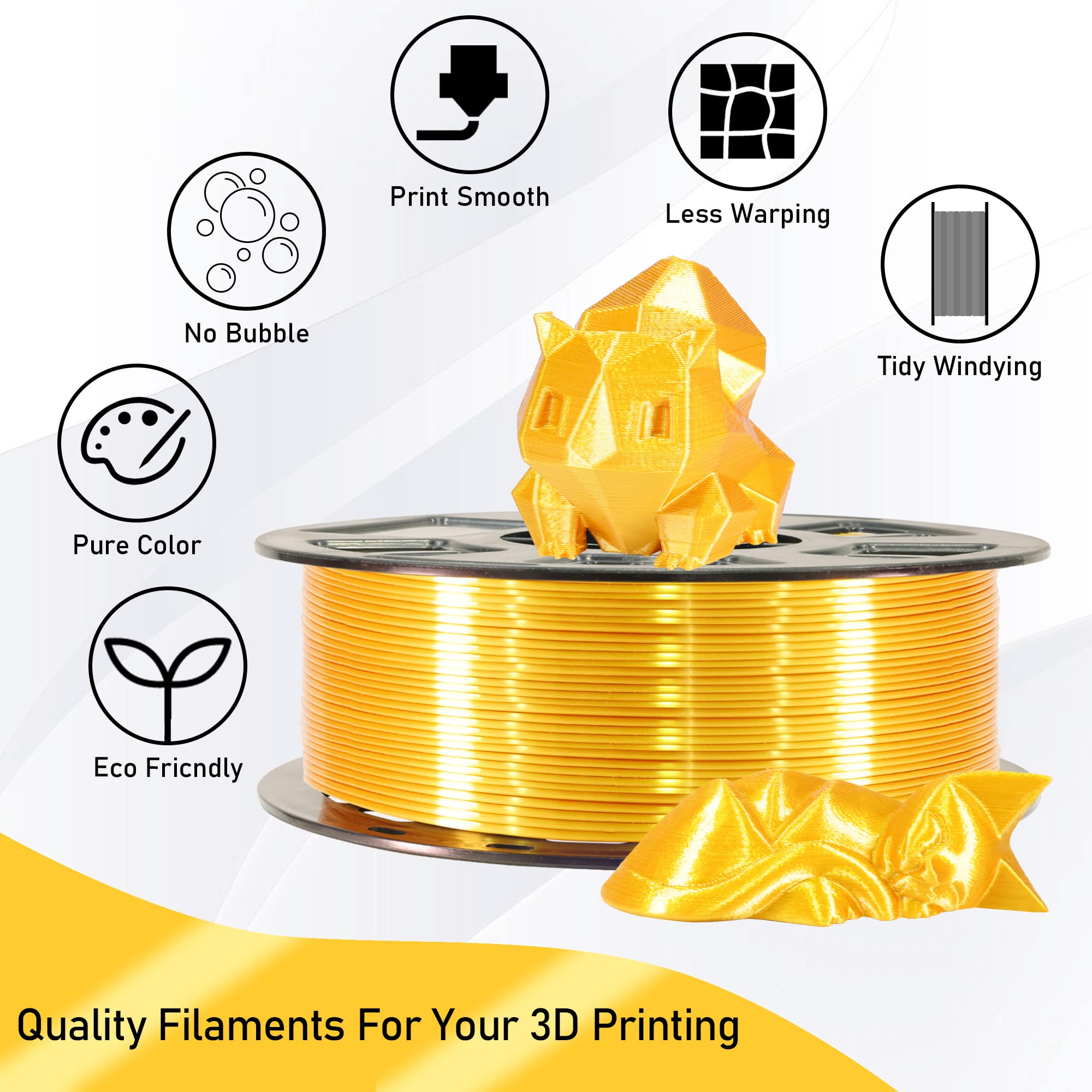 Mika3D Silk Shiny Pla Gold 3D Printing Filament, 1Kg 2.2Lbs 1.75Mm 3D Print Material, High Diameter Control Neatly Wound Silk Pl