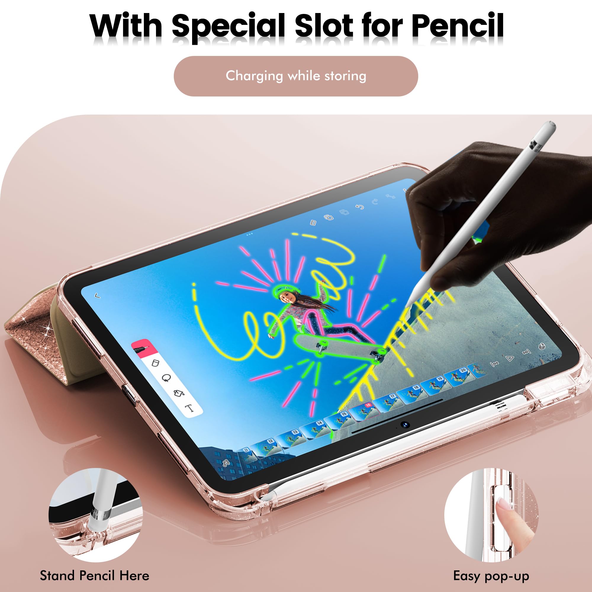 Infiland Compatible With Ipad 10Th Generation Case 10.9 Inch, Ipad A16 11 Inch 11Th Generation, Glitter Leather Cover With Sparkly Crystal Clear Back, Pencil Holder, Rose Gold