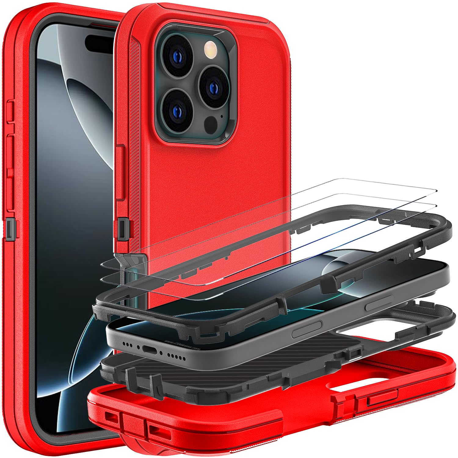 Ykhjklec For Iphone 16 Pro Case, Military Grade 3 In 1 Heavy Duty Shockproof/Drop Proof/Dust Proof Case With 2Pcs Tempered Glass