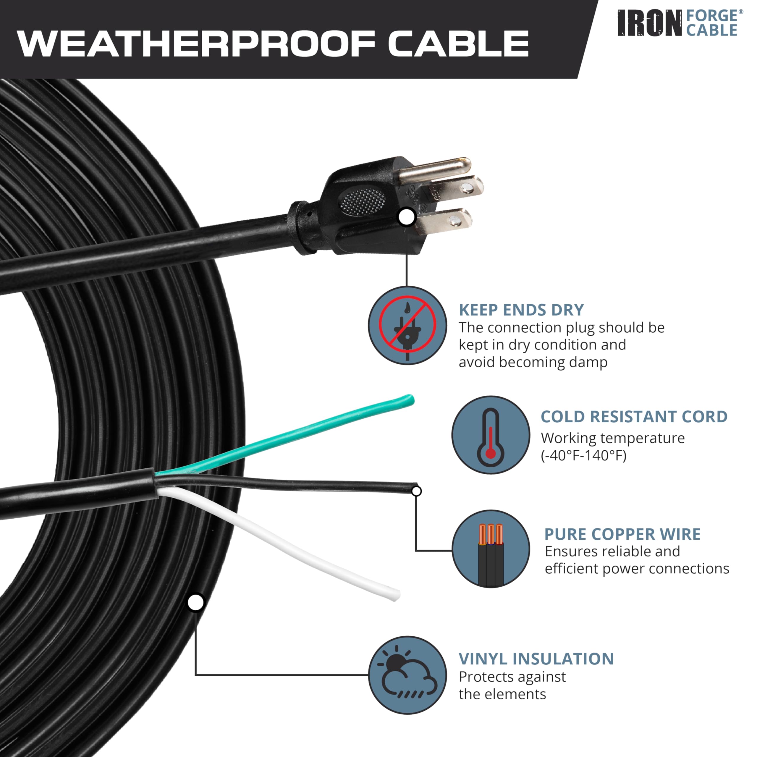 Iron Forge Cable 12 Awg Power Cord Replacement 3 Prong With Open End   15 Amp Black Heavy Duty Extension Cord 6 Ft, Sjt 12/3 Rep