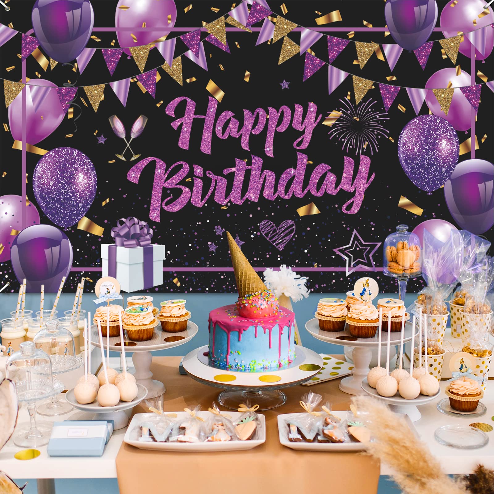 Purple Happy Birthday Banner Purple Black Gold Birthday Party Decorations Large Purple Birthday Sign Shiny Purple Black Birthday