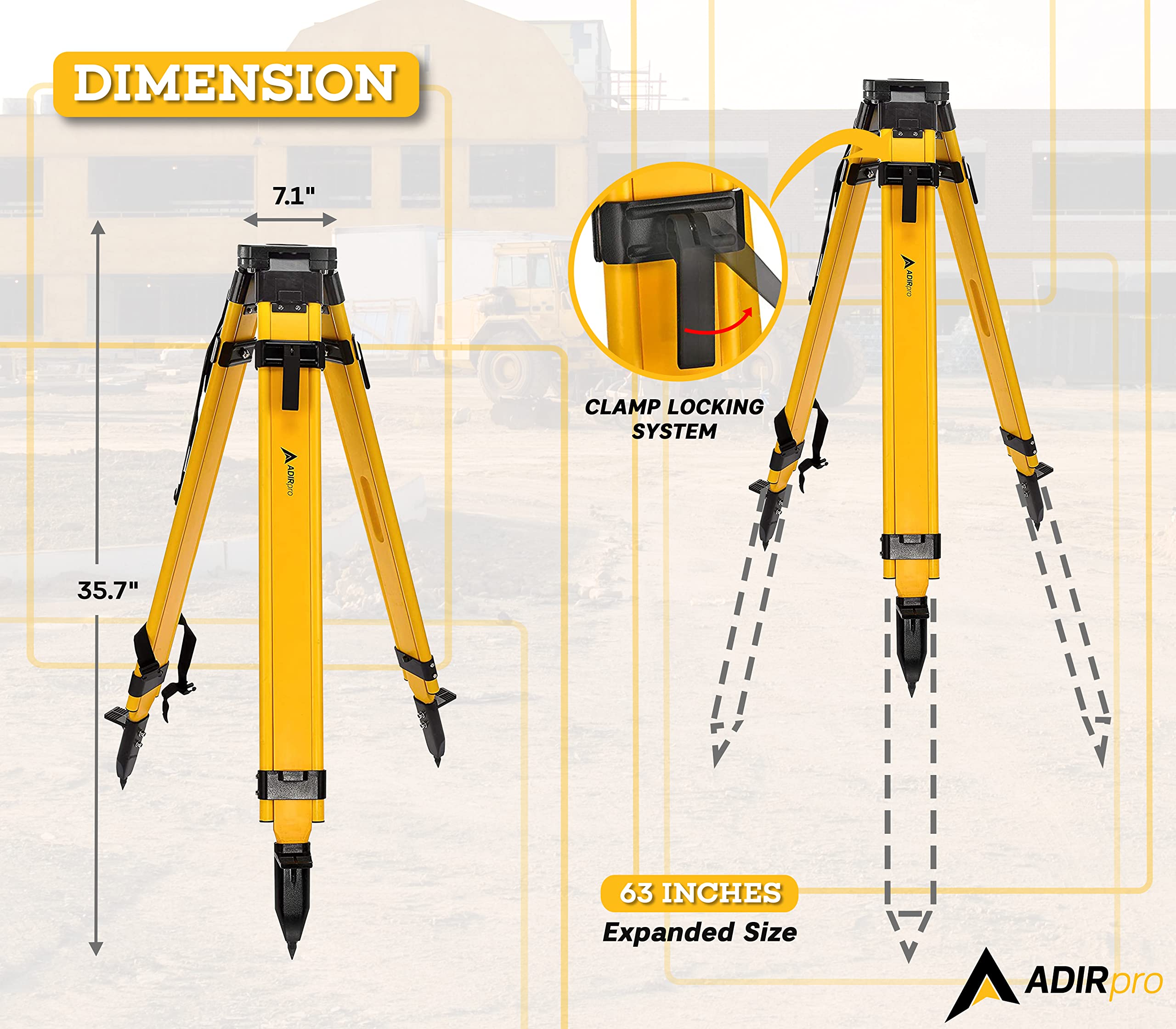 Adirpro Universal Survey Tripod - Laser Level & Transit Level - Quick Clamp - Heavy Duty Contractor Tripod 5/8 X 11 Thread (Ye