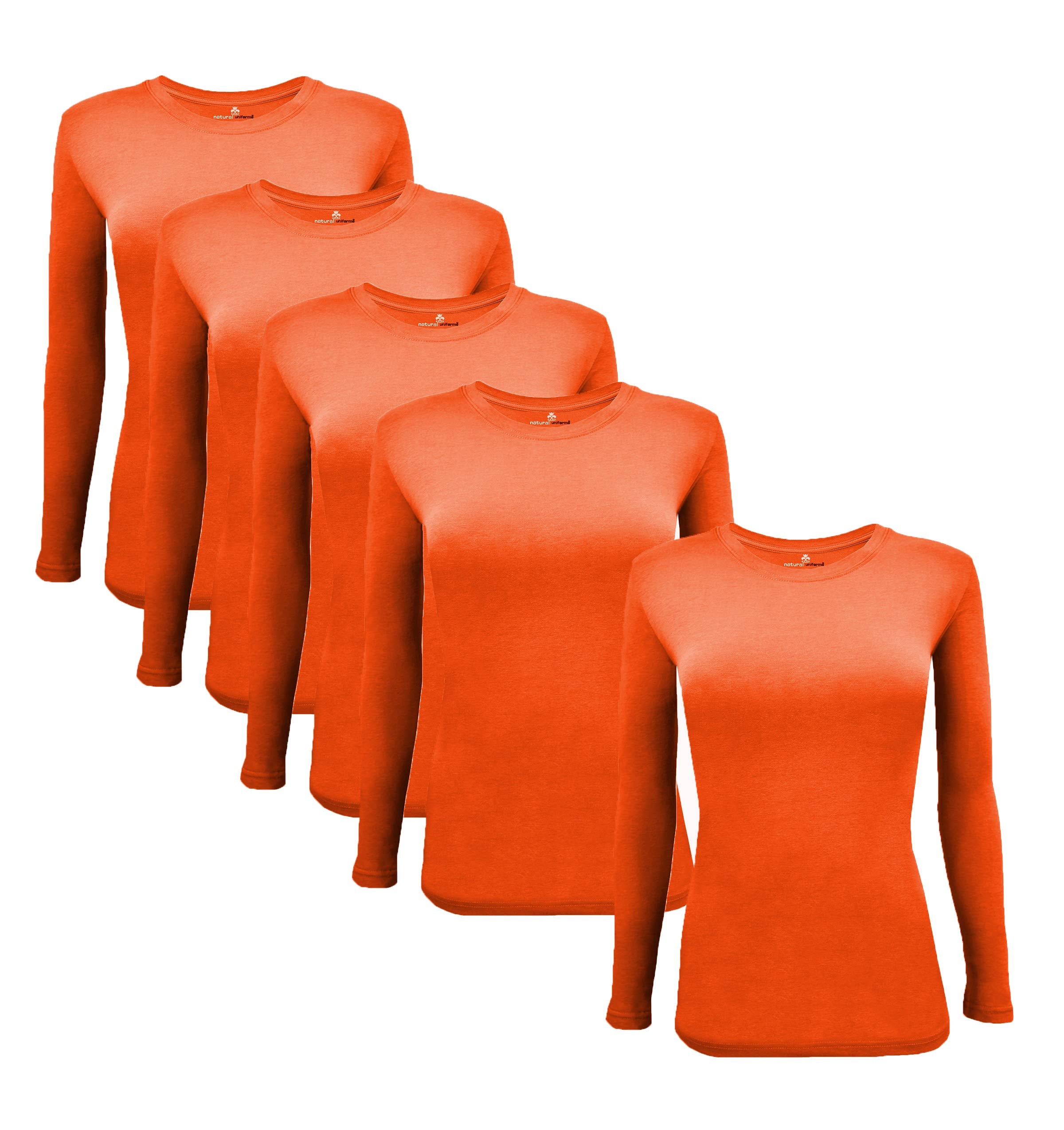 Natural Uniforms Womens Under Scrub Tee Crew Neck Long Sleeve T Shirt 5 Pack (X Small, 5 Pack  Orange)