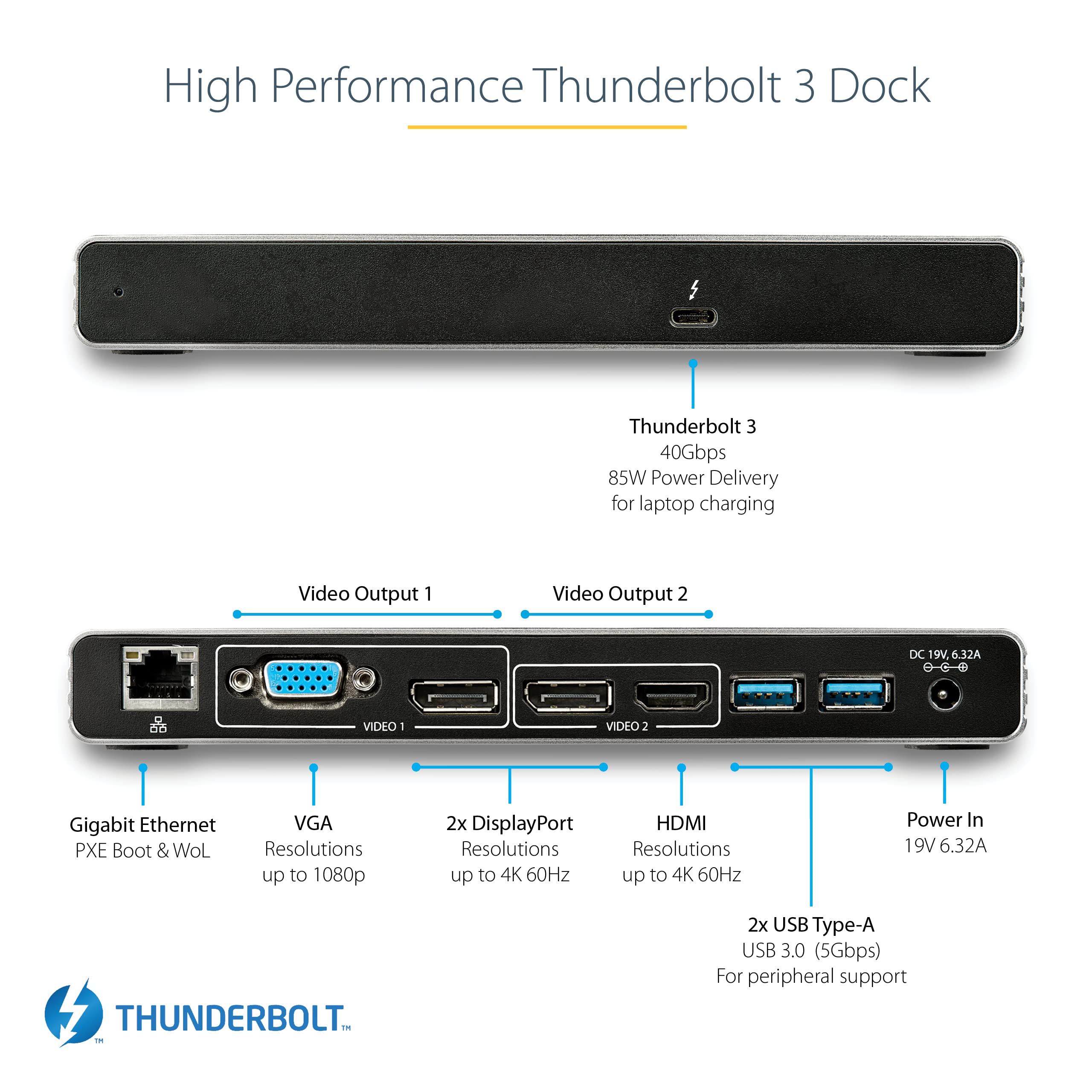 Startech.Com Thunderbolt 3 Dock   Dual 4K 60Hz Monitor Tb3 Laptop Docking Station With Displayport, Hdmi & 1080P Vga   85W Power